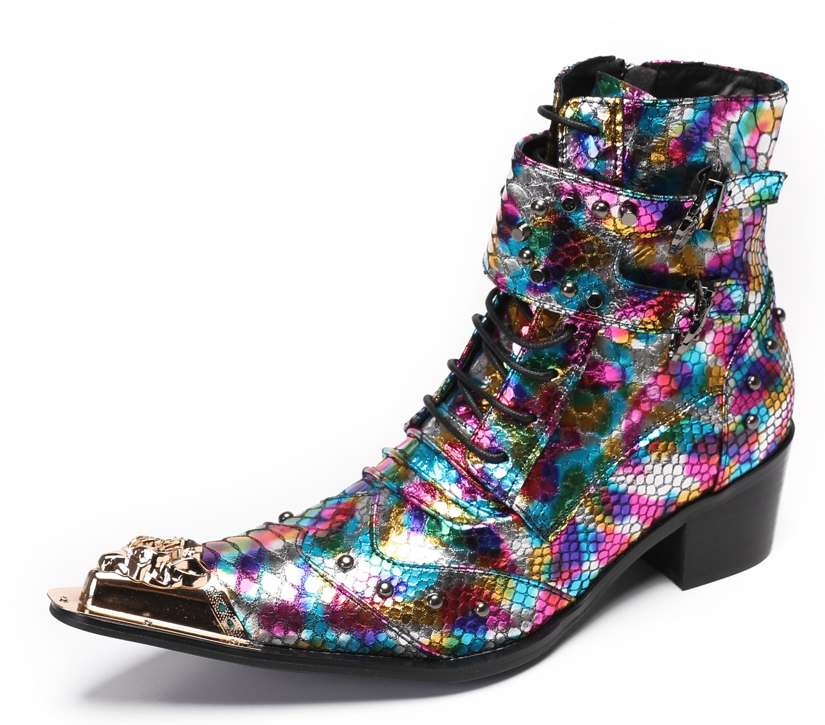 Mens Party Casual Buckle Colorful Western Boots