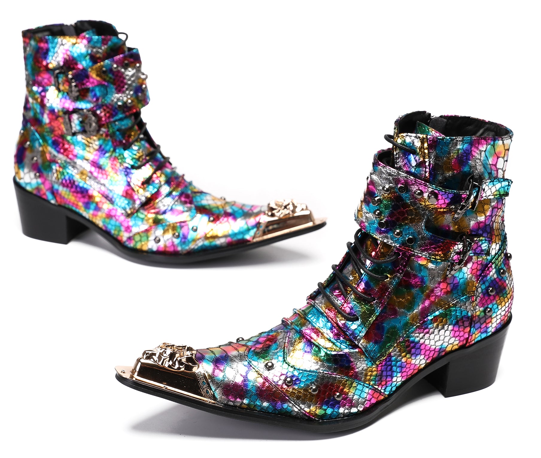Mens Party Casual Buckle Colorful Western Boots