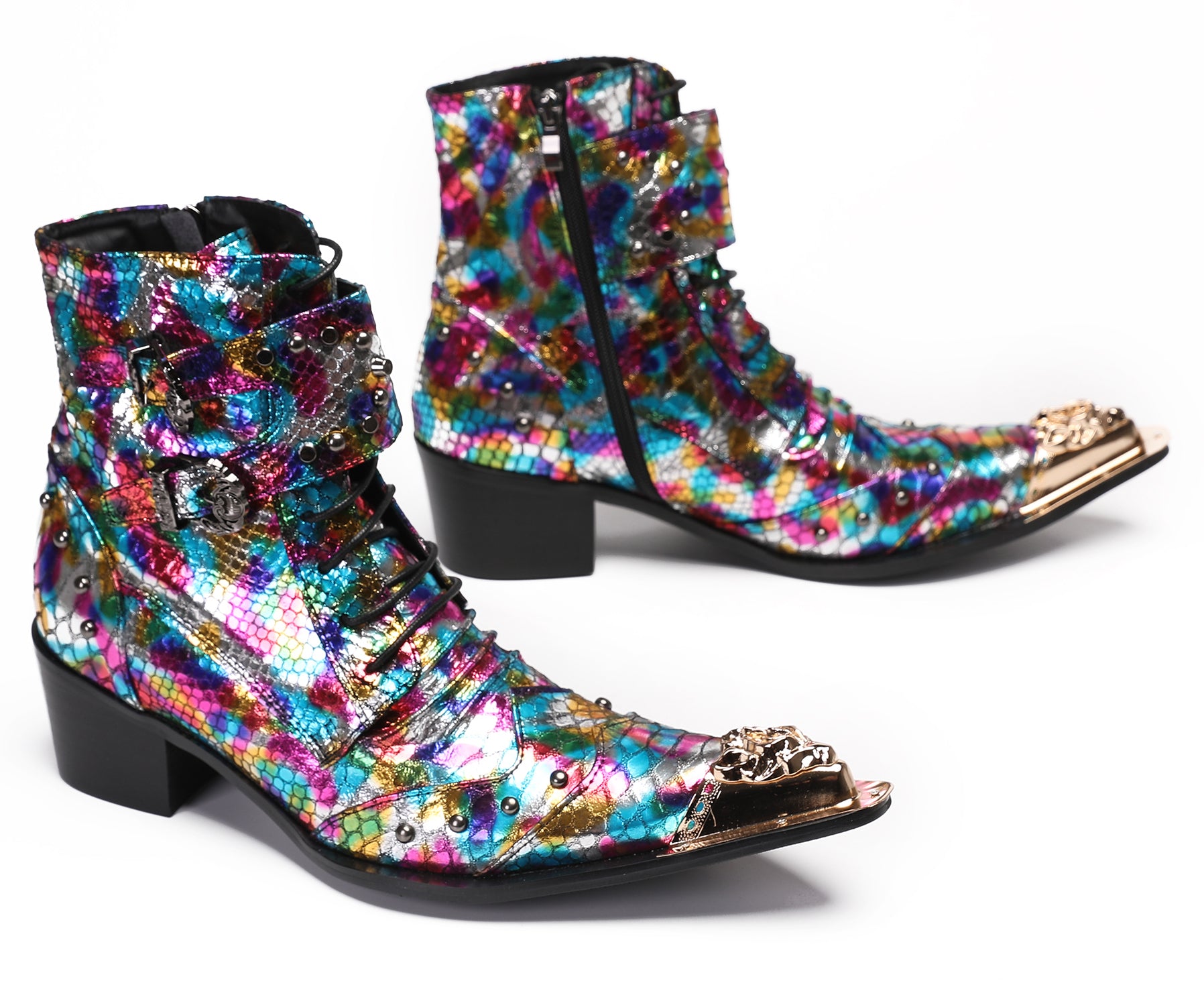 Mens Party Casual Buckle Colorful Western Boots