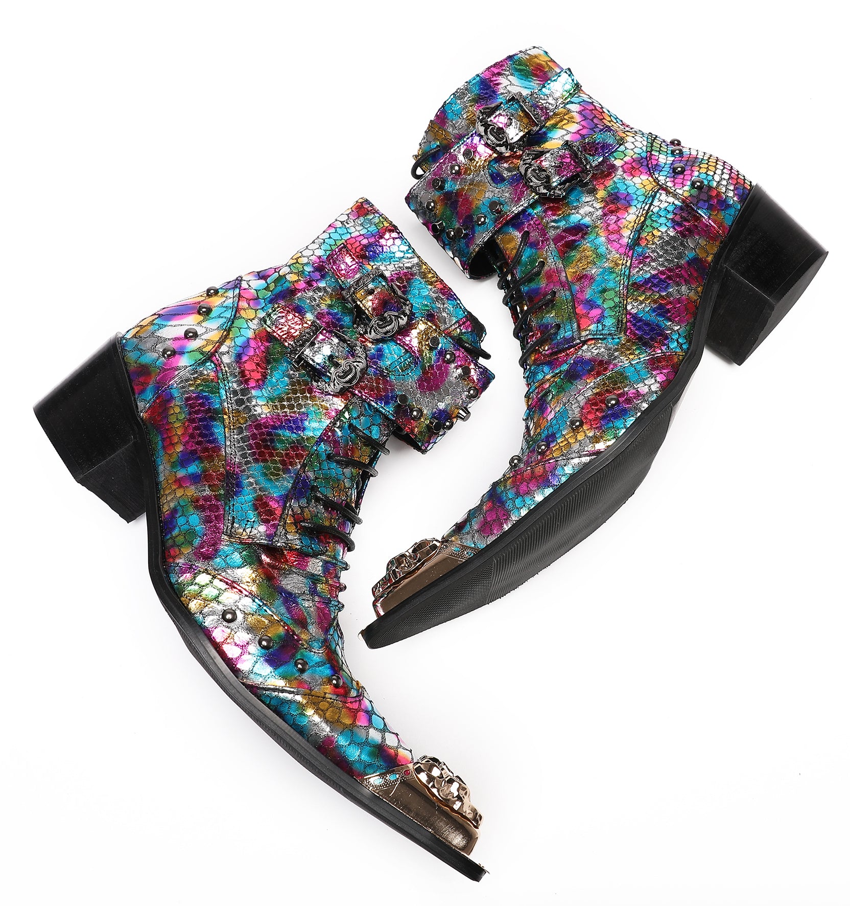 Mens Party Casual Buckle Colorful Western Boots