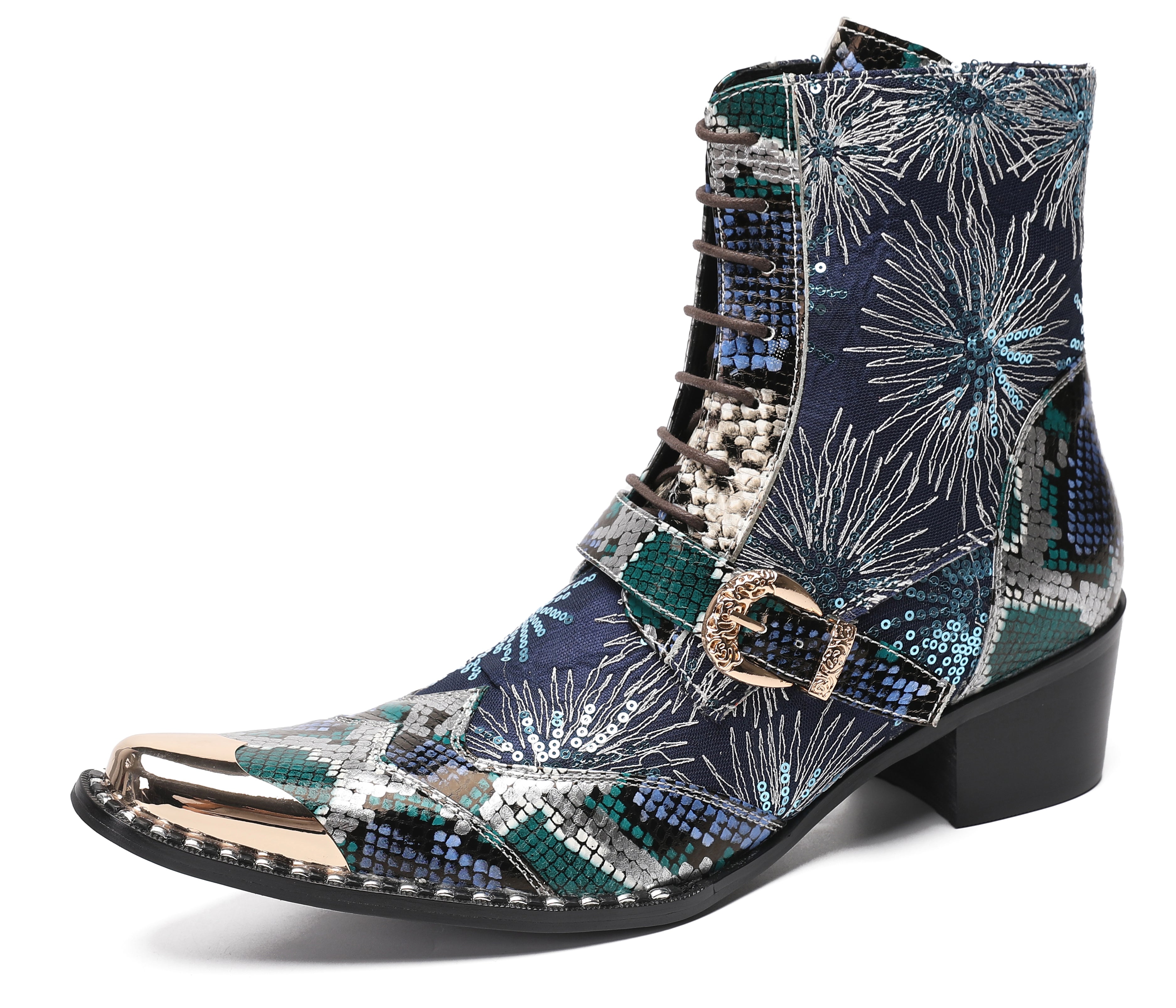 Men's Metal Toe Sequins Mid Top Buckle Western Boots