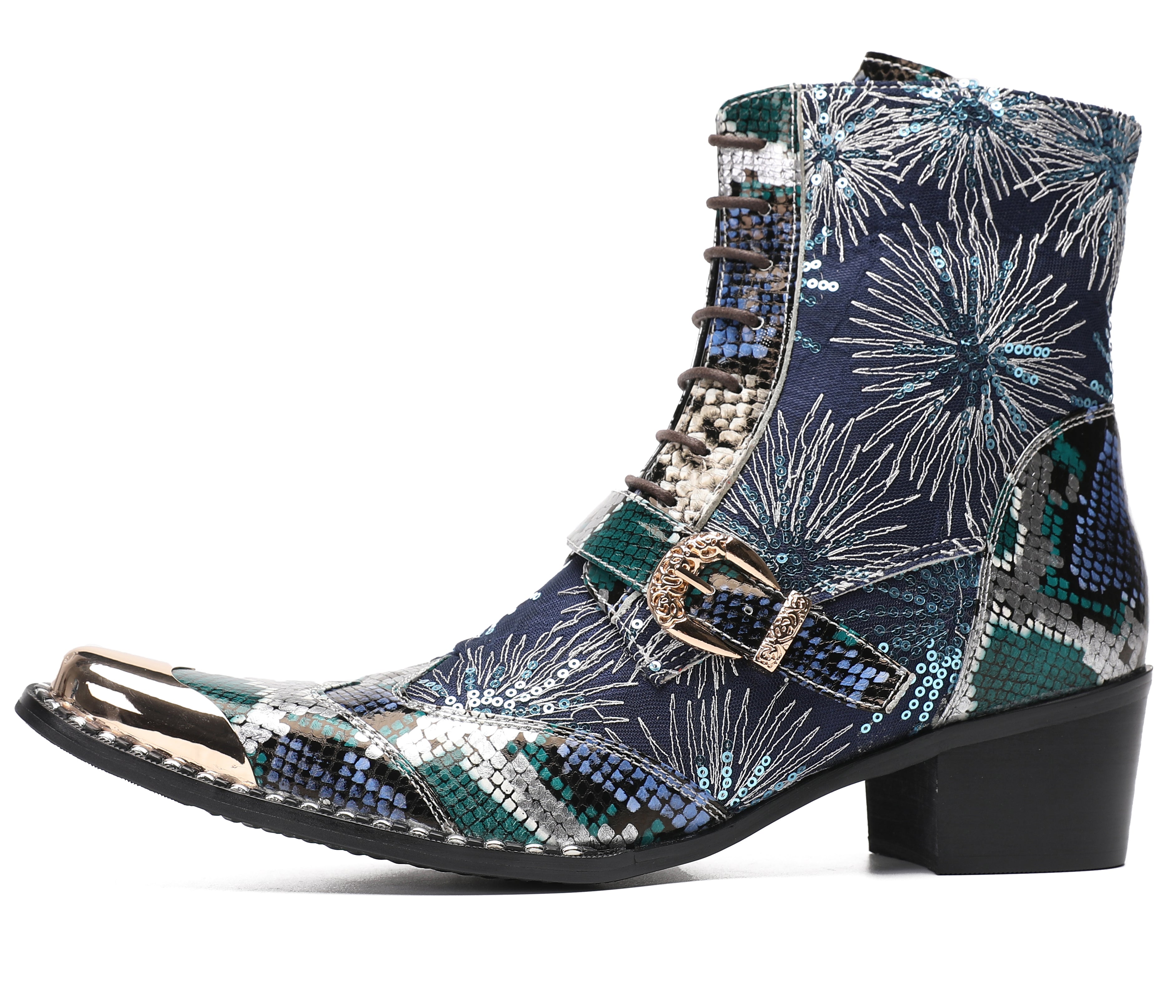 Men's Metal Toe Sequins Mid Top Buckle Western Boots