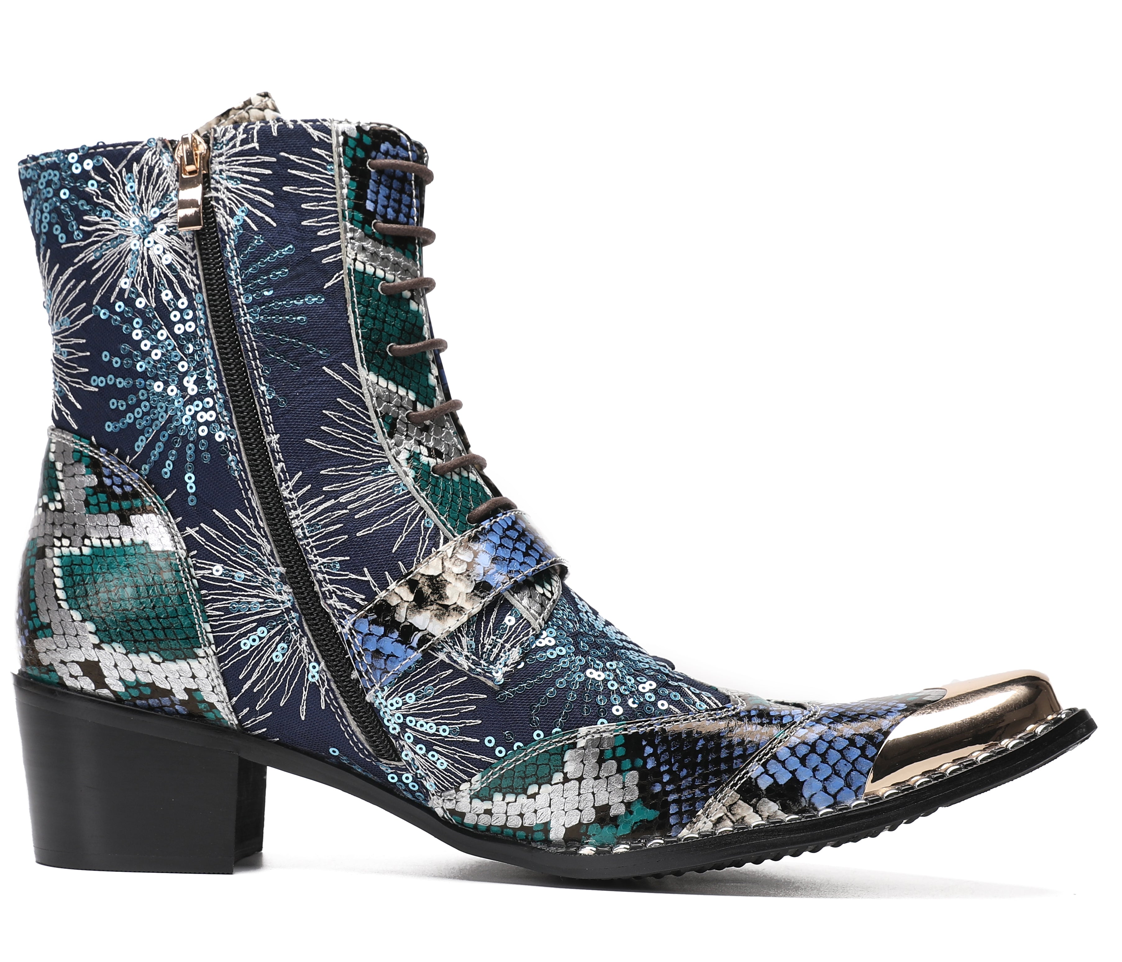 Men's Metal Toe Sequins Mid Top Buckle Western Boots