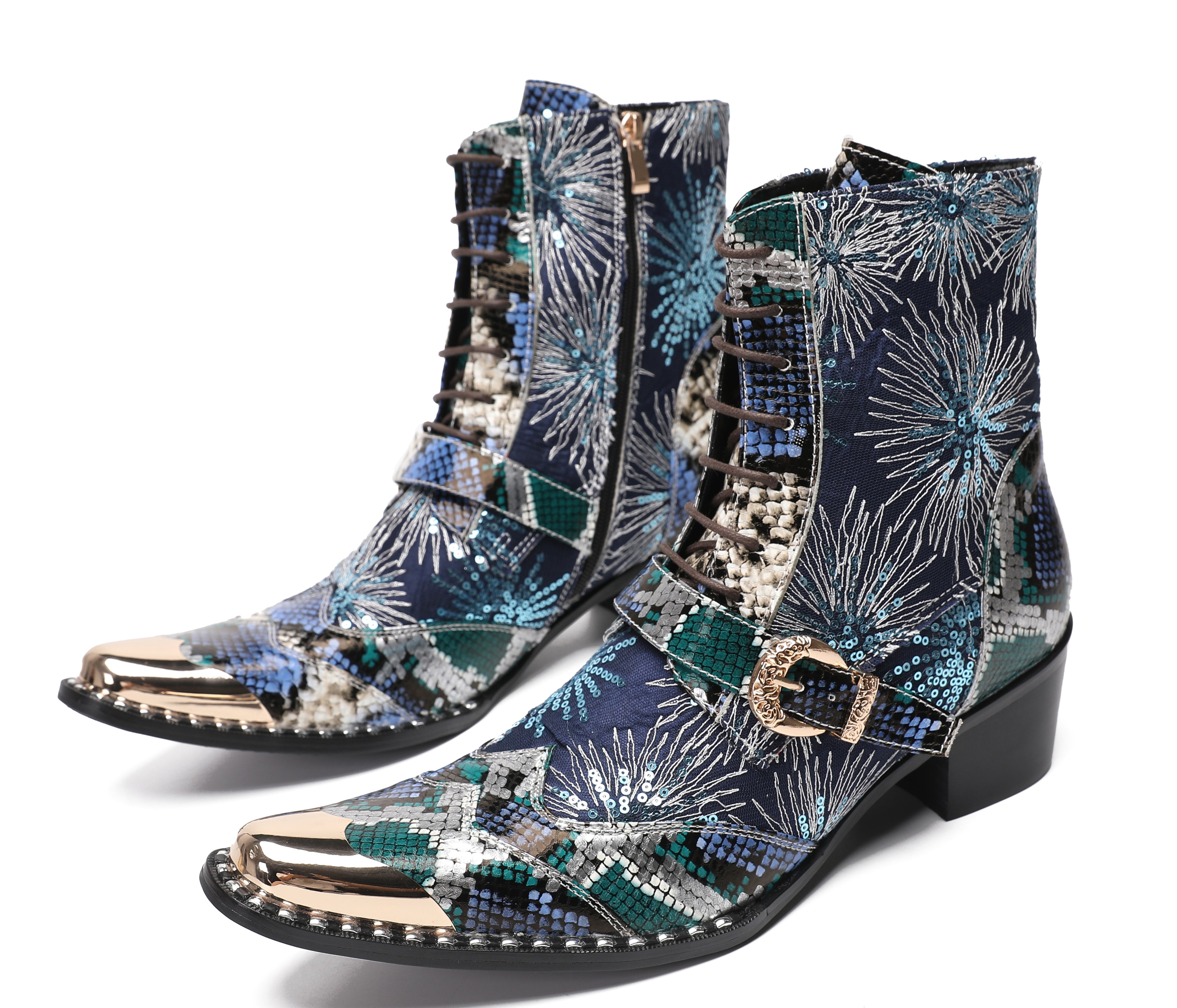 Men's Metal Toe Sequins Mid Top Buckle Western Boots