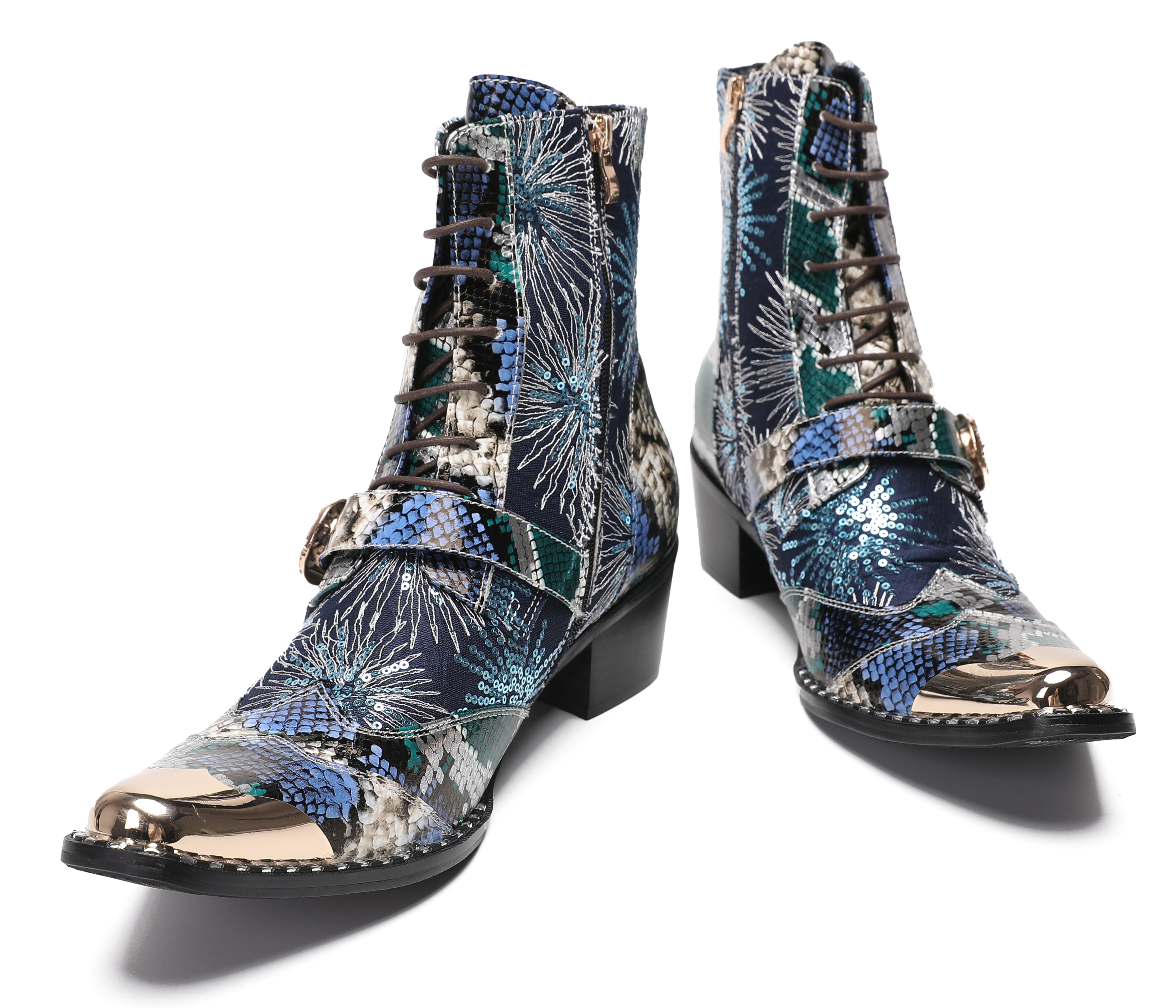Men's Metal Toe Sequins Mid Top Buckle Western Boots