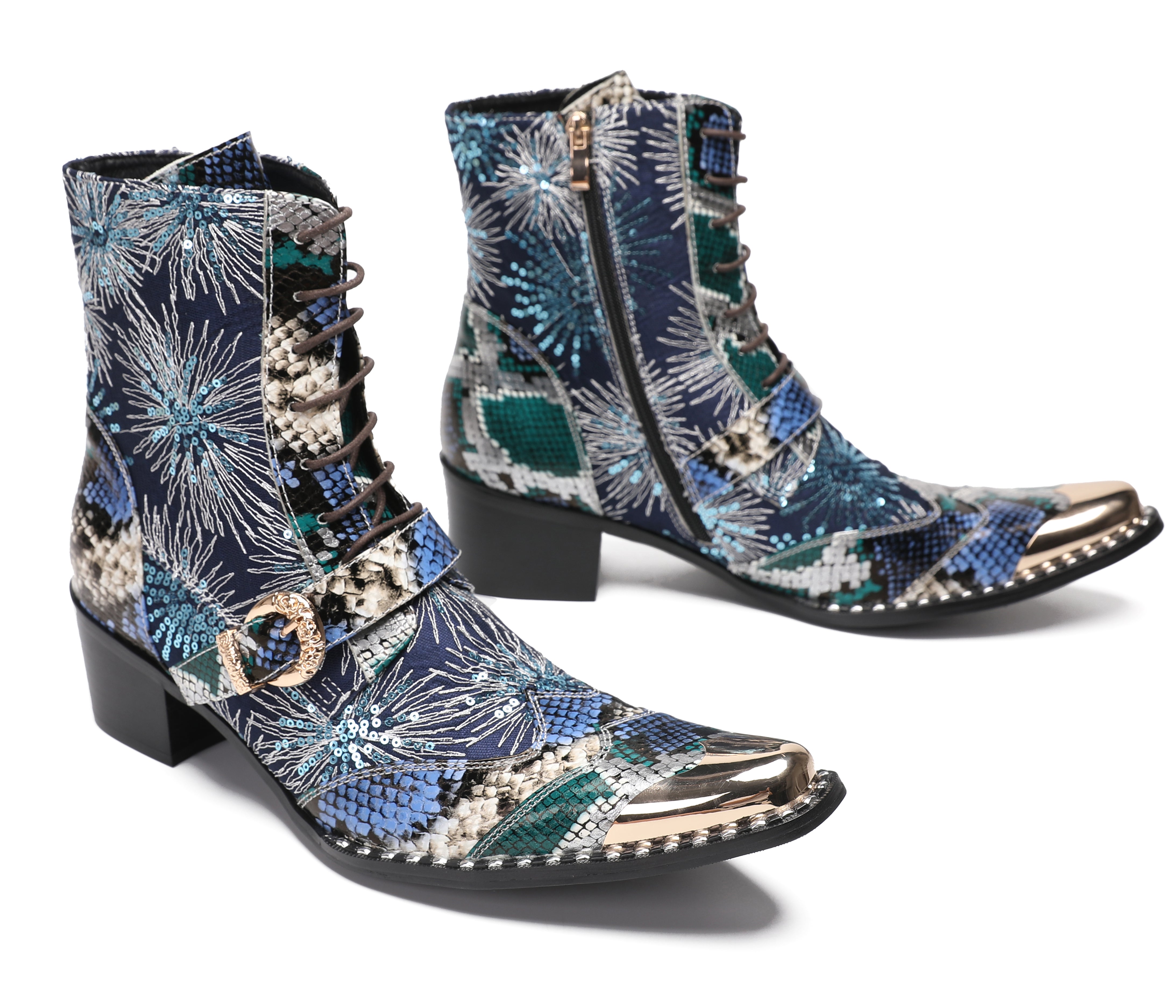 Men's Metal Toe Sequins Mid Top Buckle Western Boots