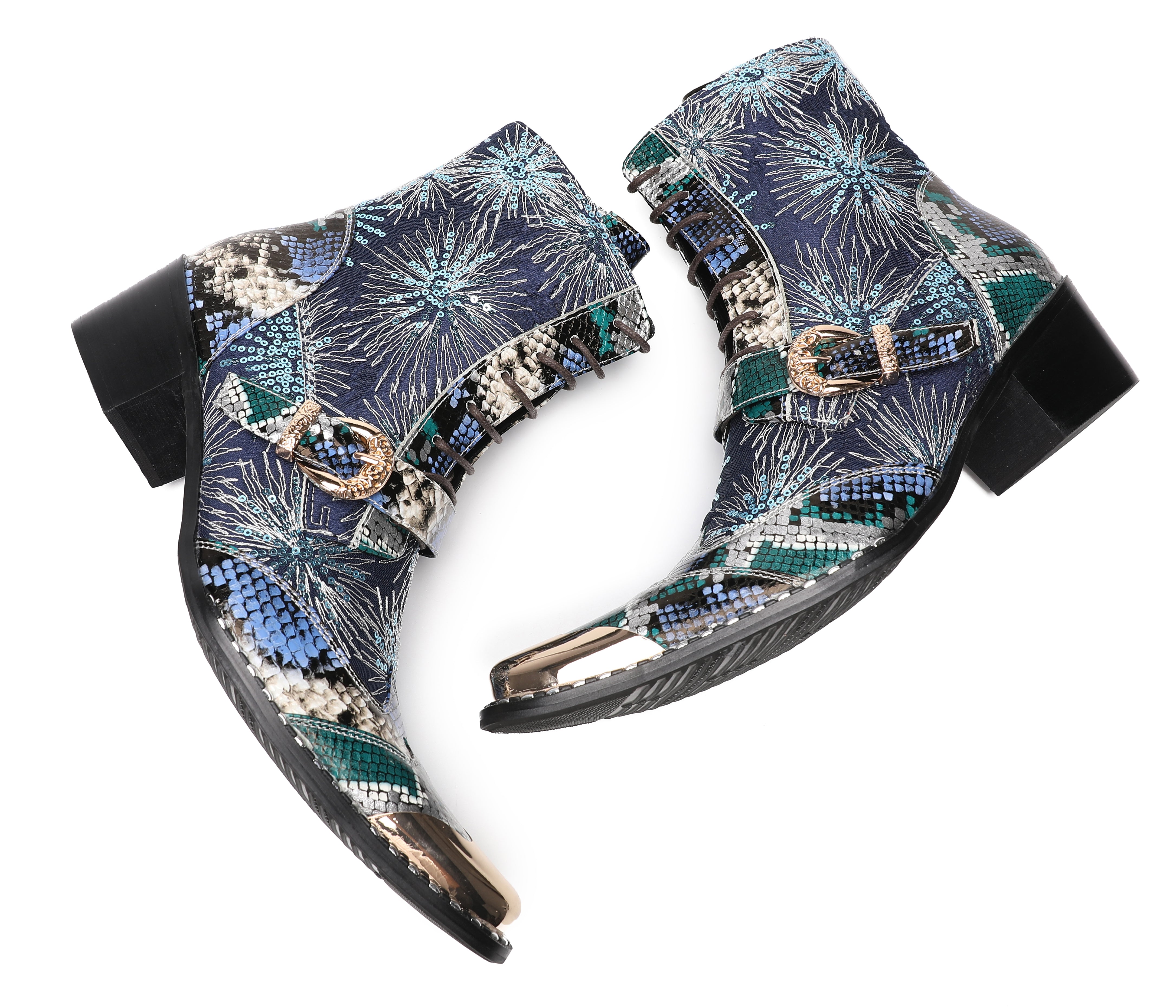 Men's Metal Toe Sequins Mid Top Buckle Western Boots