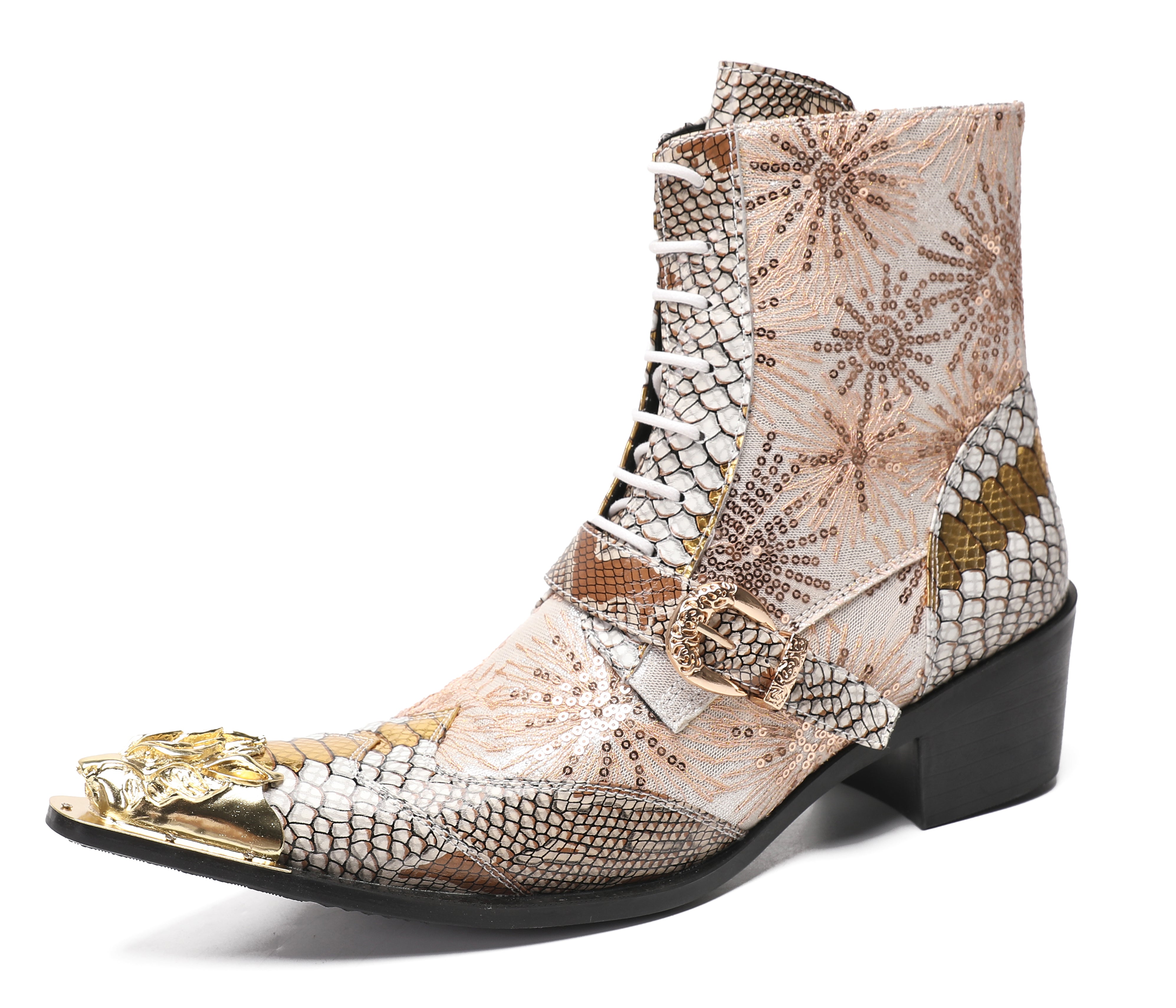 Men's Metal Toe Sequins Mid Top Buckle Western Boots