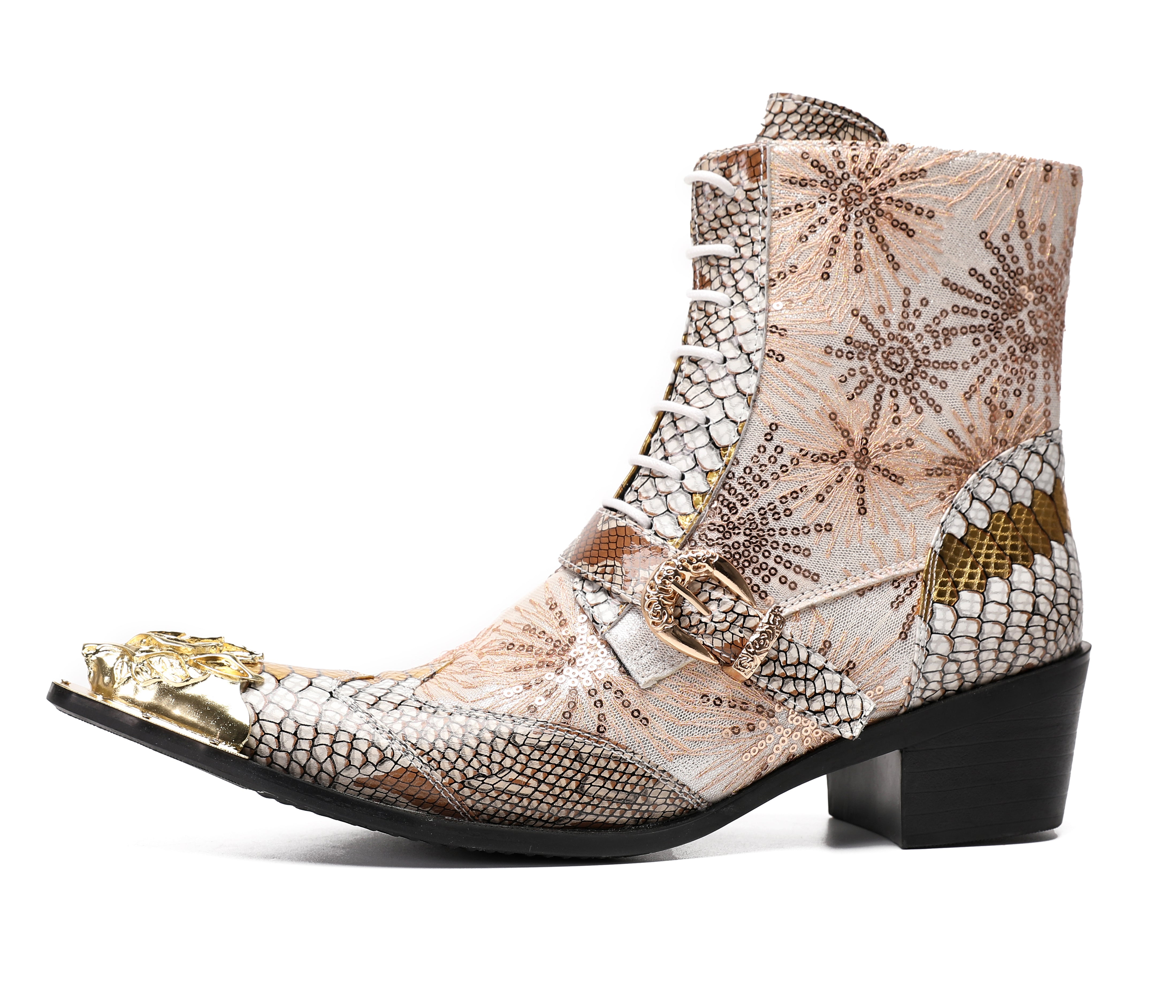 Men's Metal Toe Sequins Mid Top Buckle Western Boots