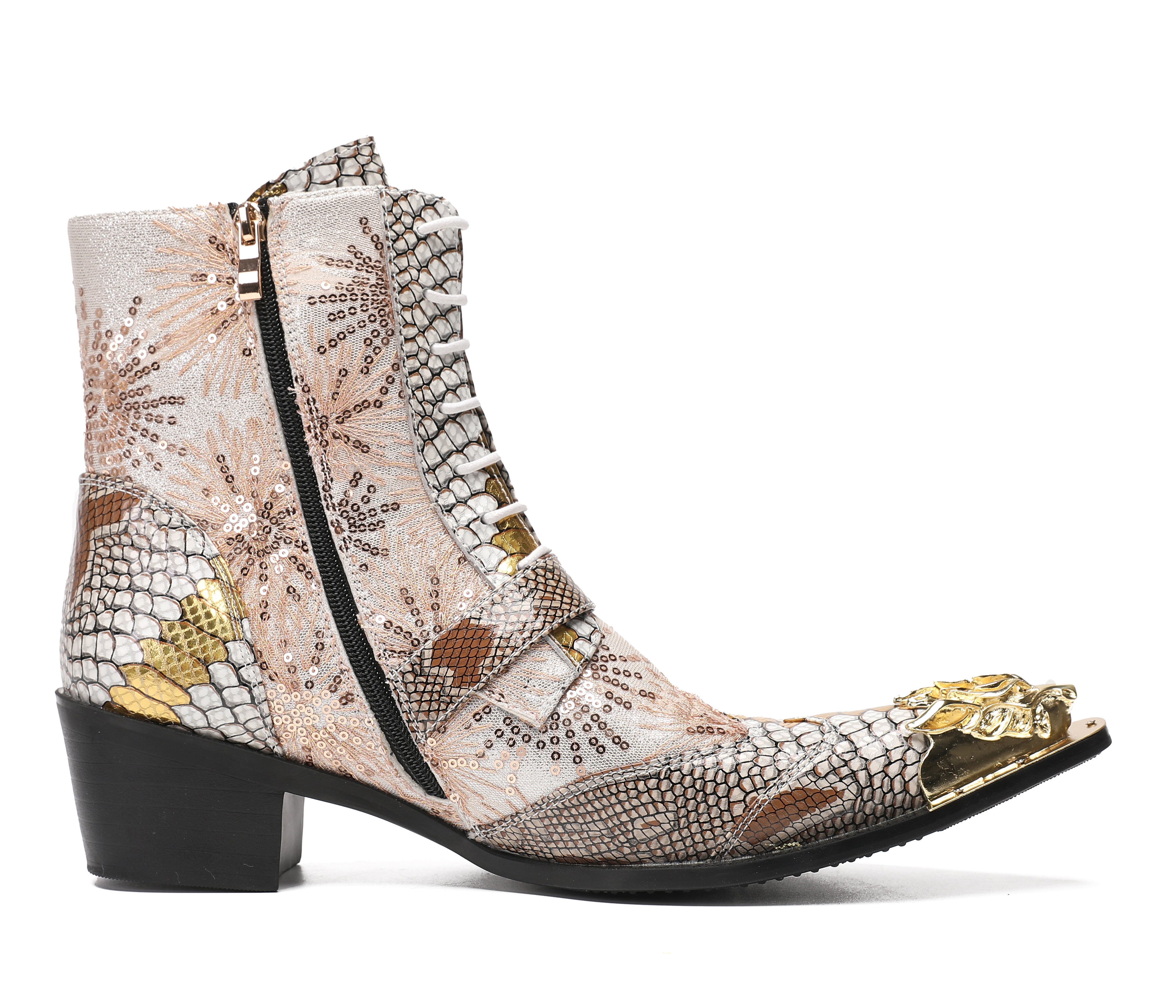 Men's Metal Toe Sequins Mid Top Buckle Western Boots