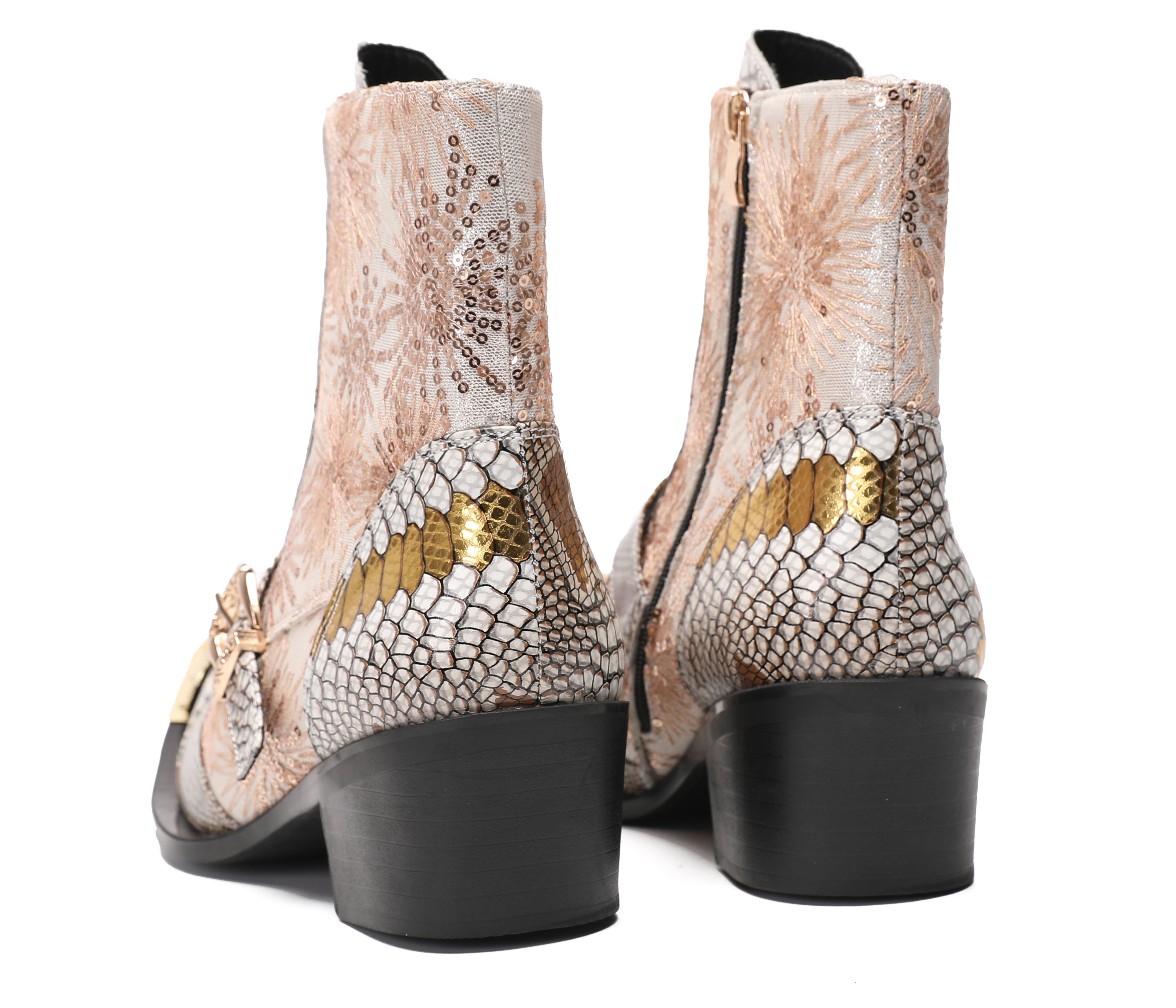 Men's Metal Toe Sequins Mid Top Buckle Western Boots