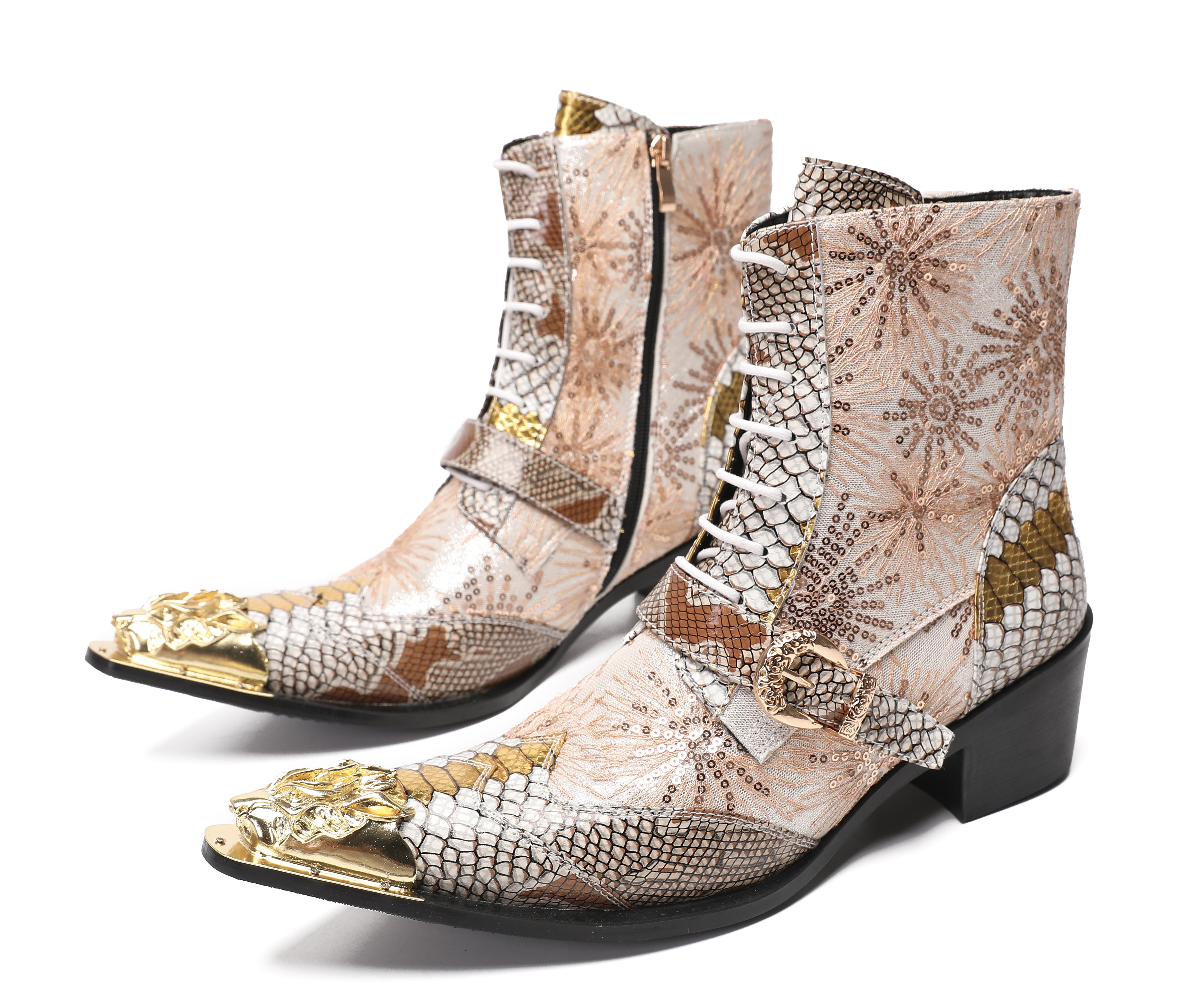 Men's Metal Toe Sequins Mid Top Buckle Western Boots