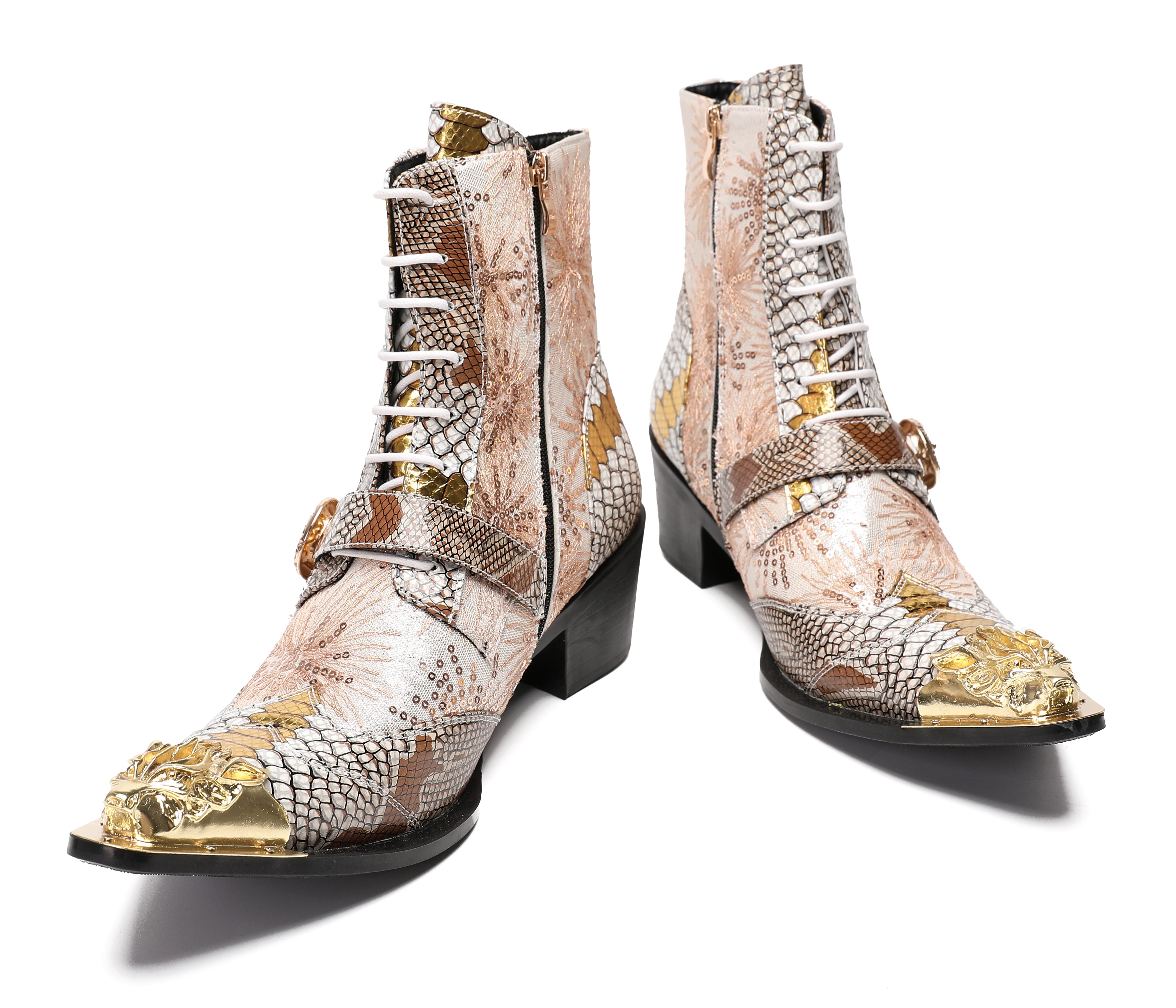 Men's Metal Toe Sequins Mid Top Buckle Western Boots
