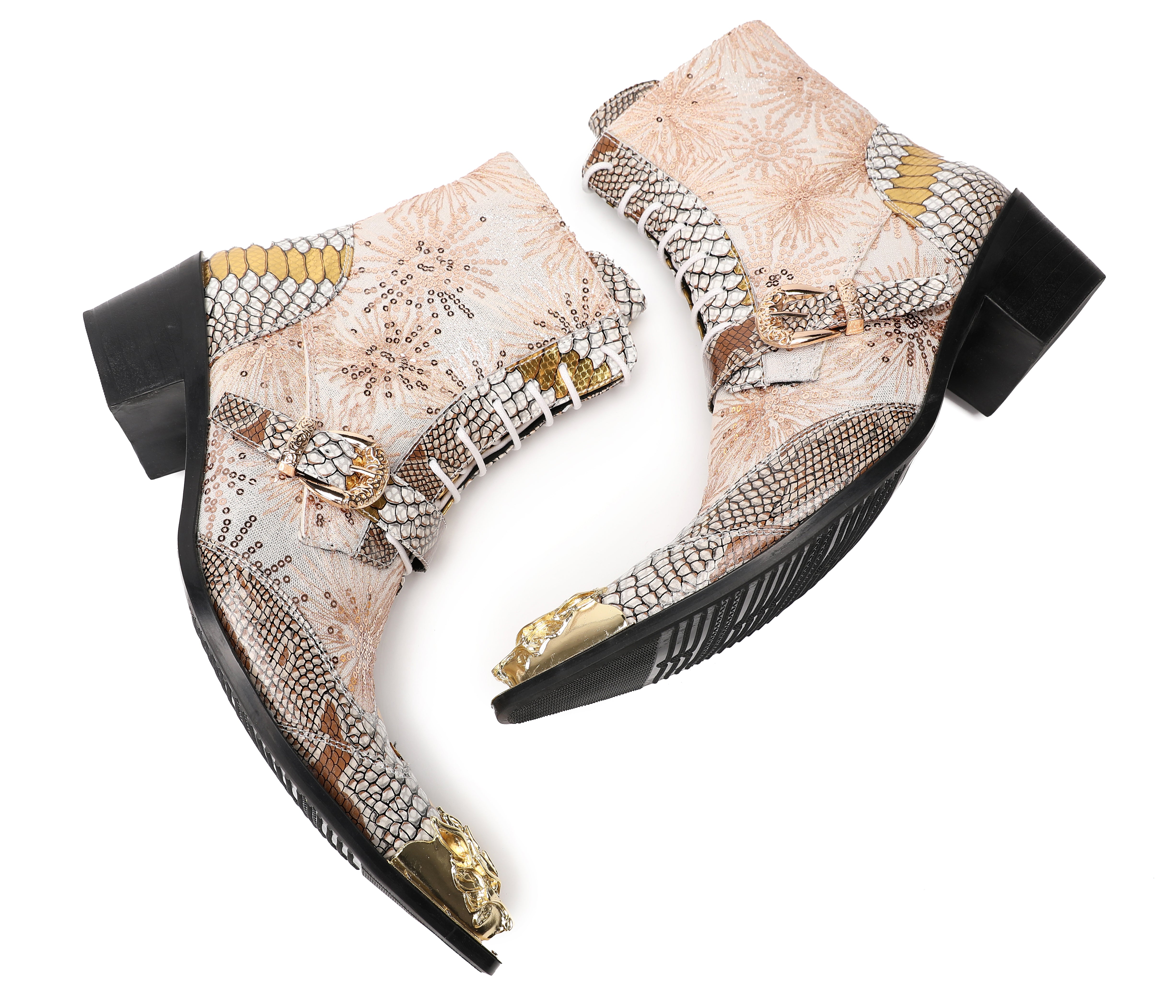 Men's Metal Toe Sequins Mid Top Buckle Western Boots
