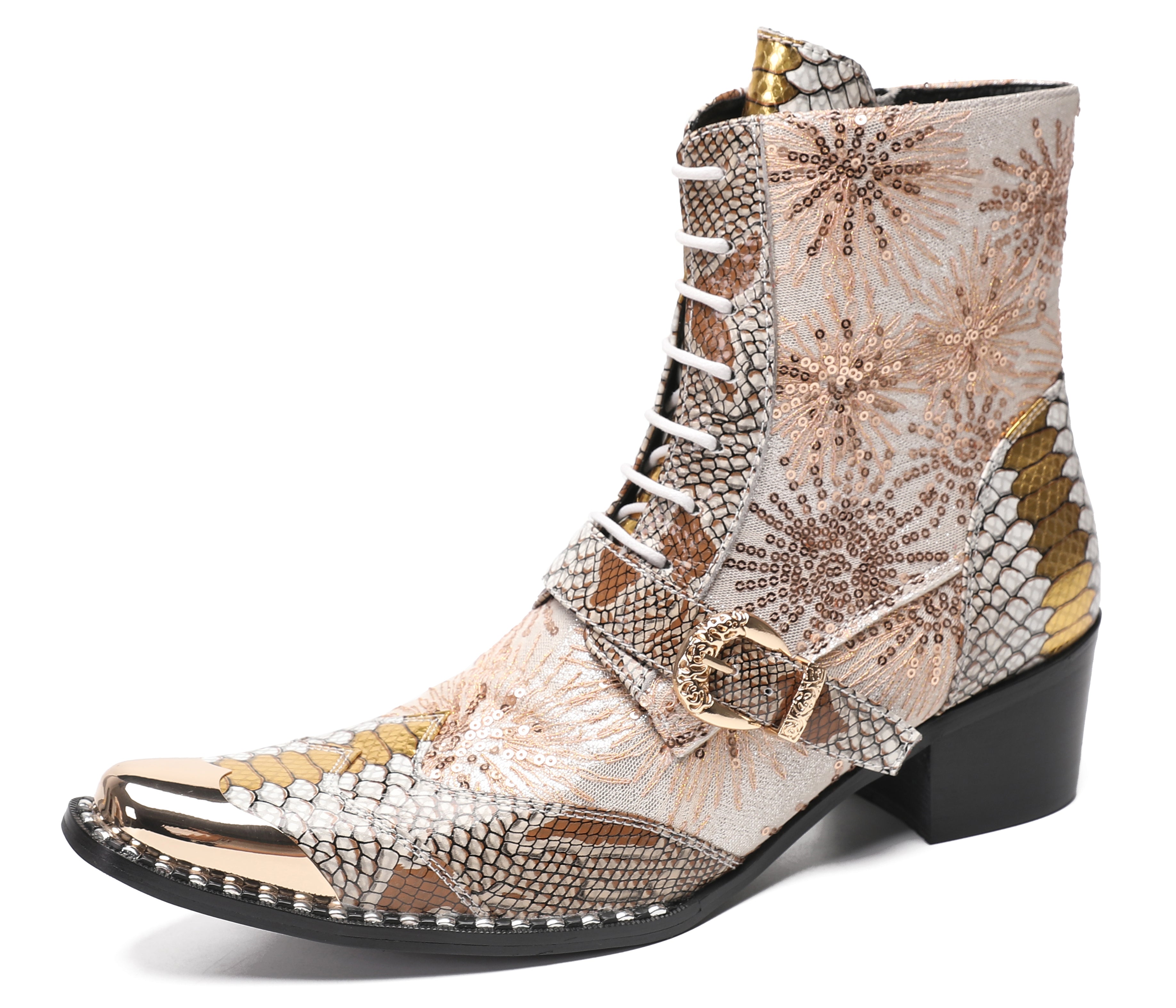 Men's Metal Toe Sequins Mid Top Buckle Western Boots