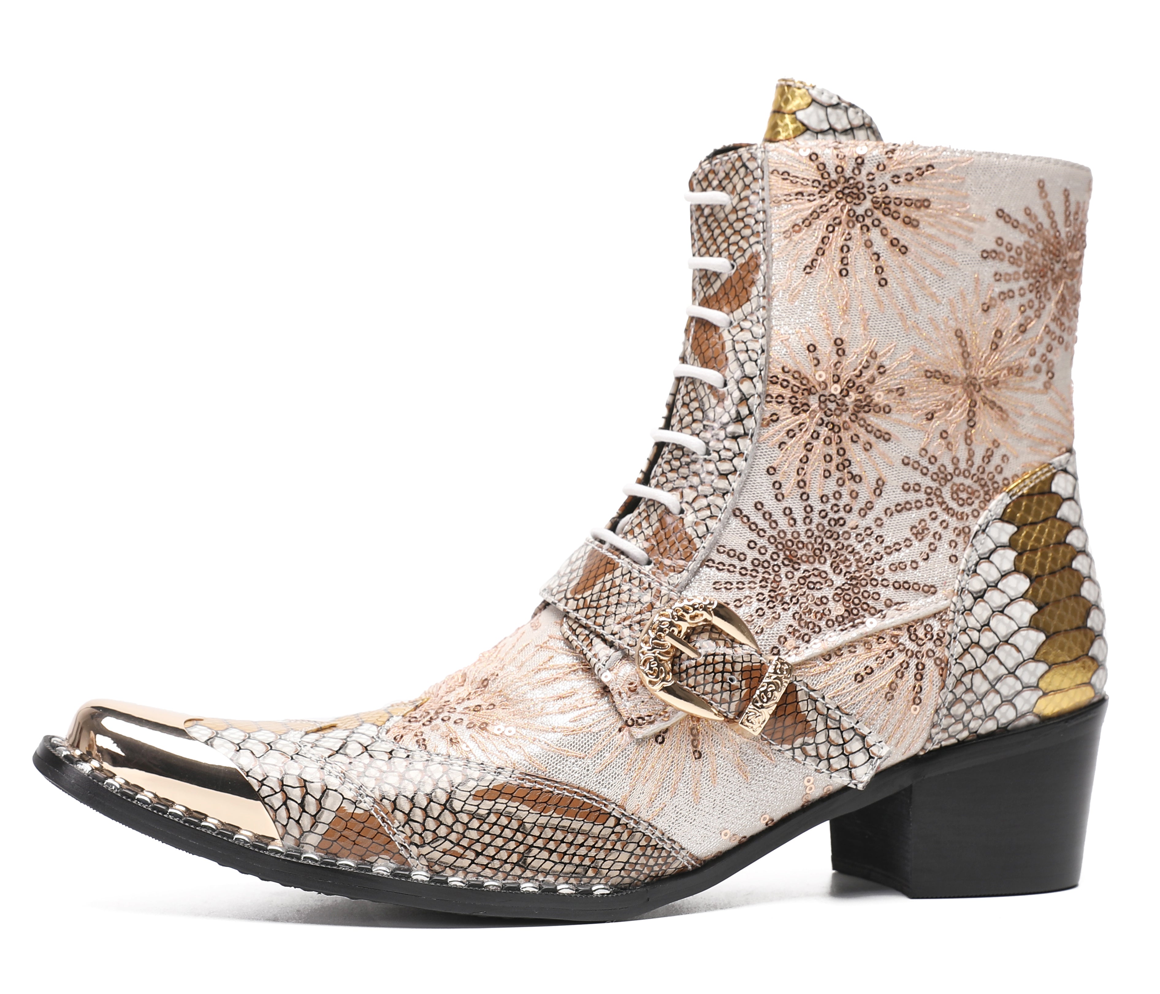 Men's Metal Toe Sequins Mid Top Buckle Western Boots