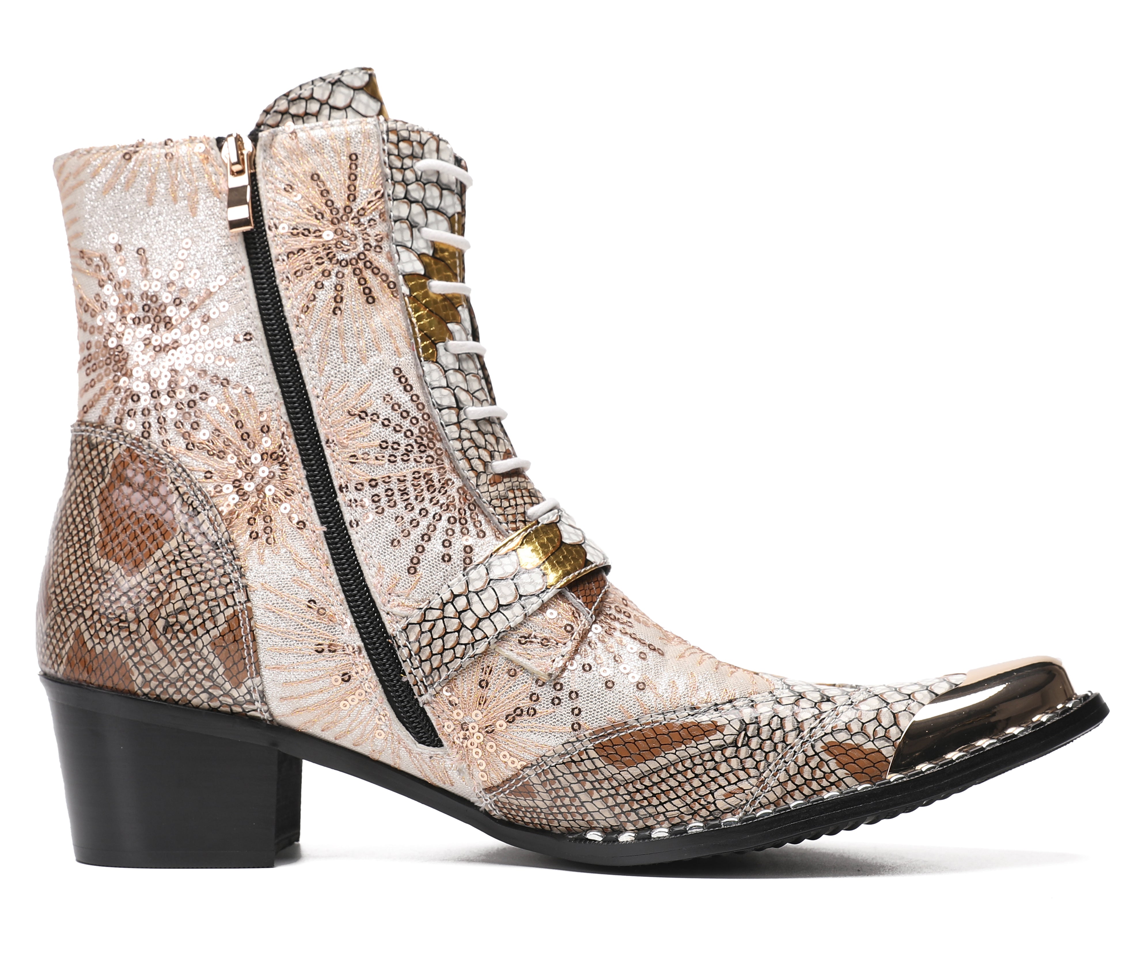Men's Metal Toe Sequins Mid Top Buckle Western Boots