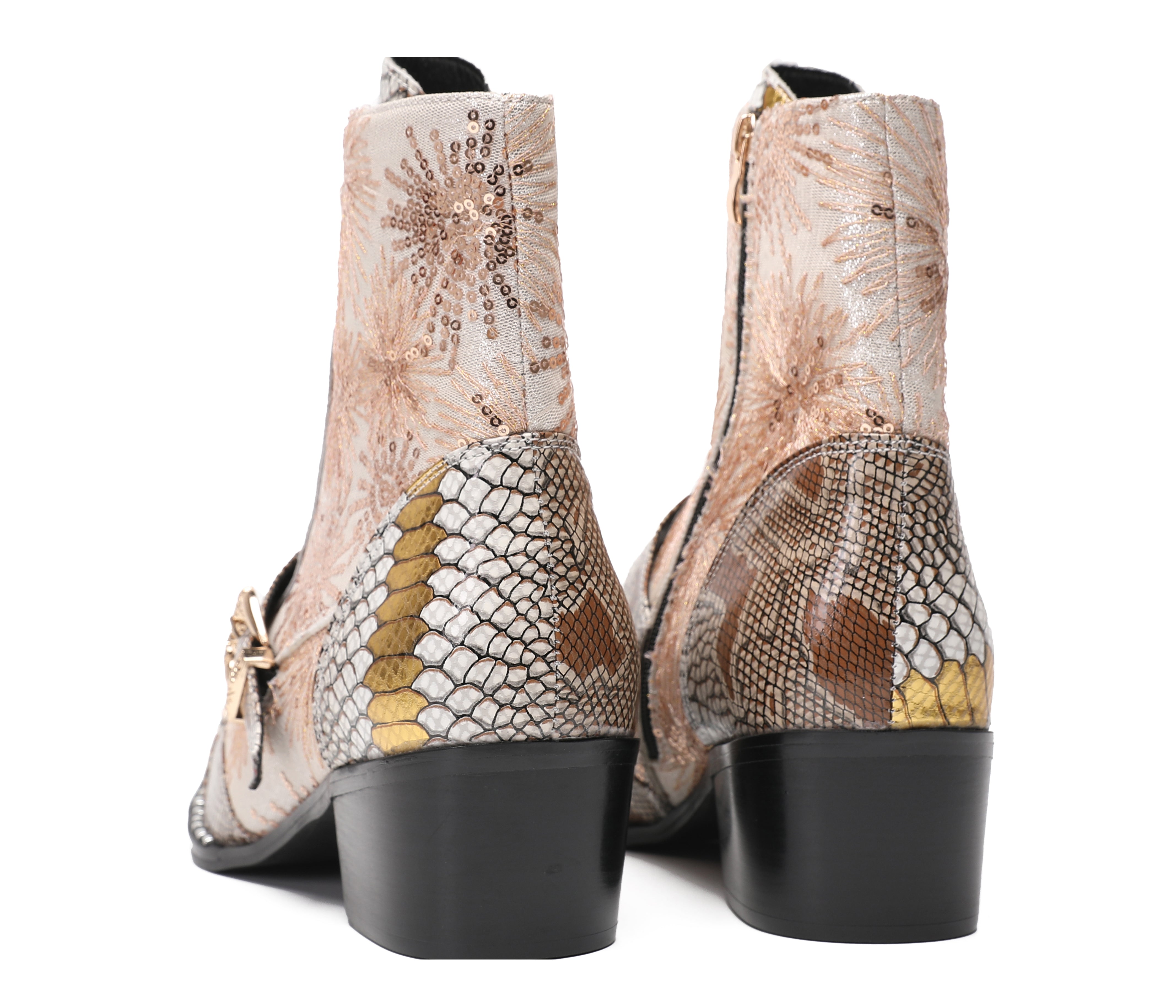 Men's Metal Toe Sequins Mid Top Buckle Western Boots