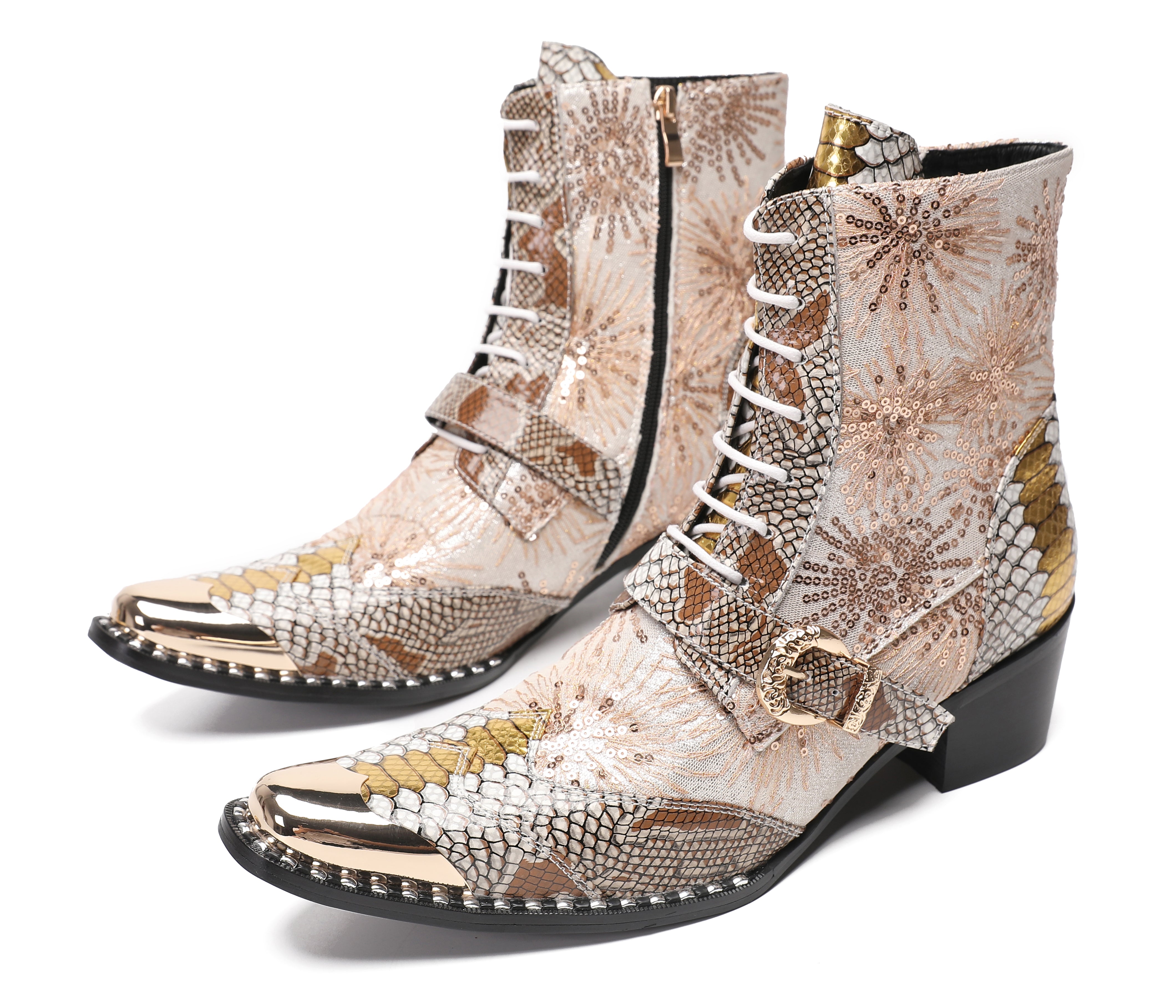 Men's Metal Toe Sequins Mid Top Buckle Western Boots