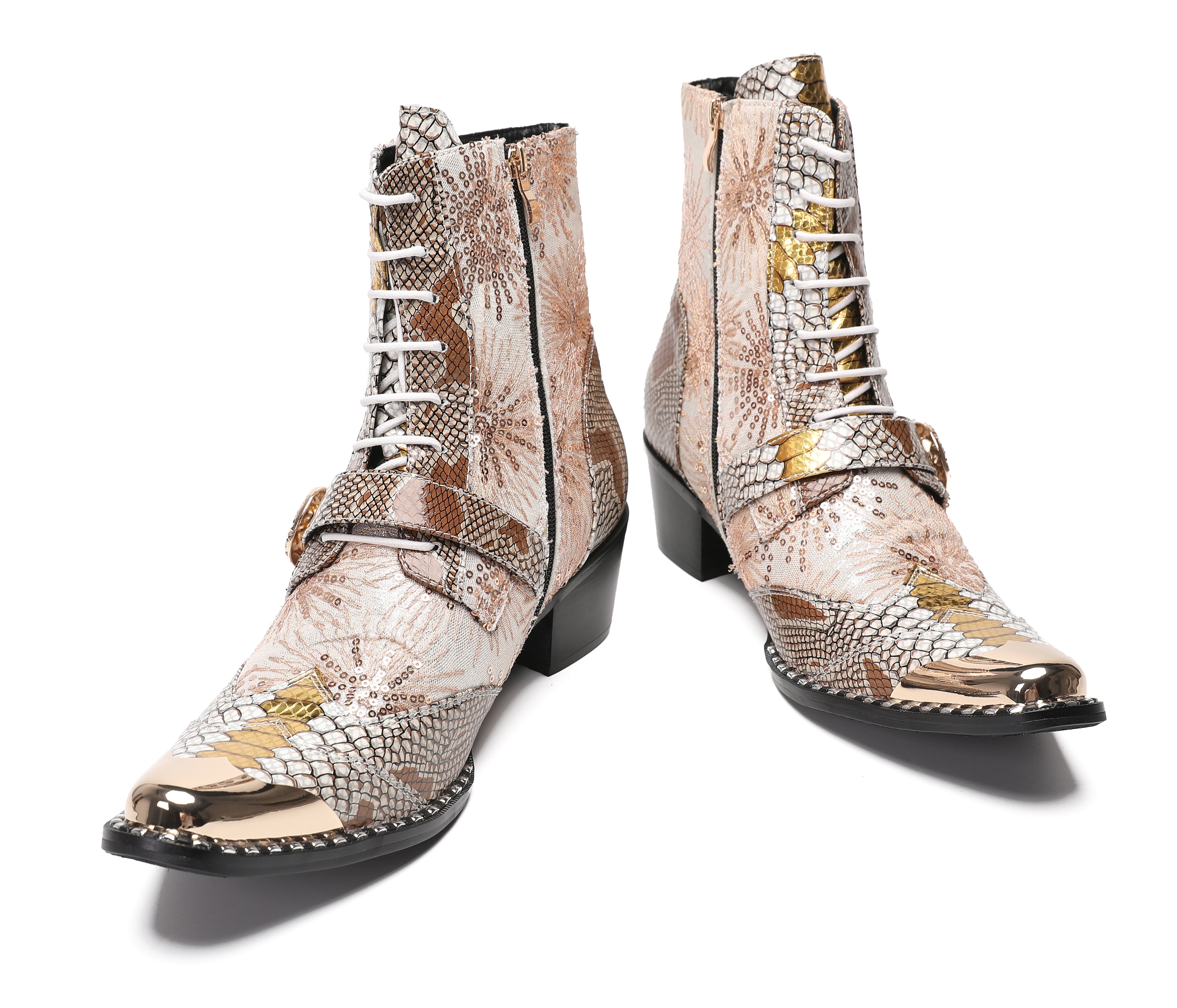 Men's Metal Toe Sequins Mid Top Buckle Western Boots