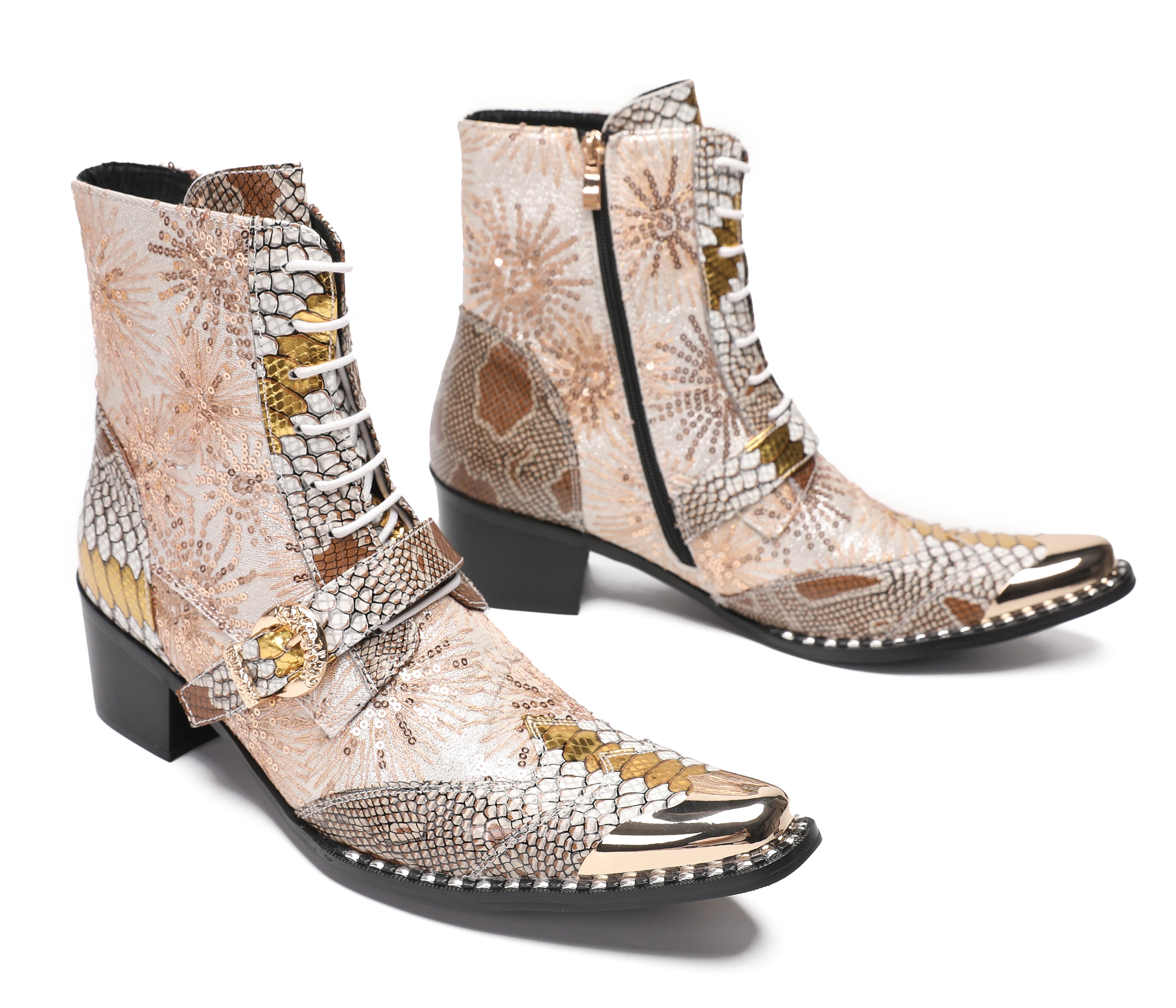 Men's Metal Toe Sequins Mid Top Buckle Western Boots