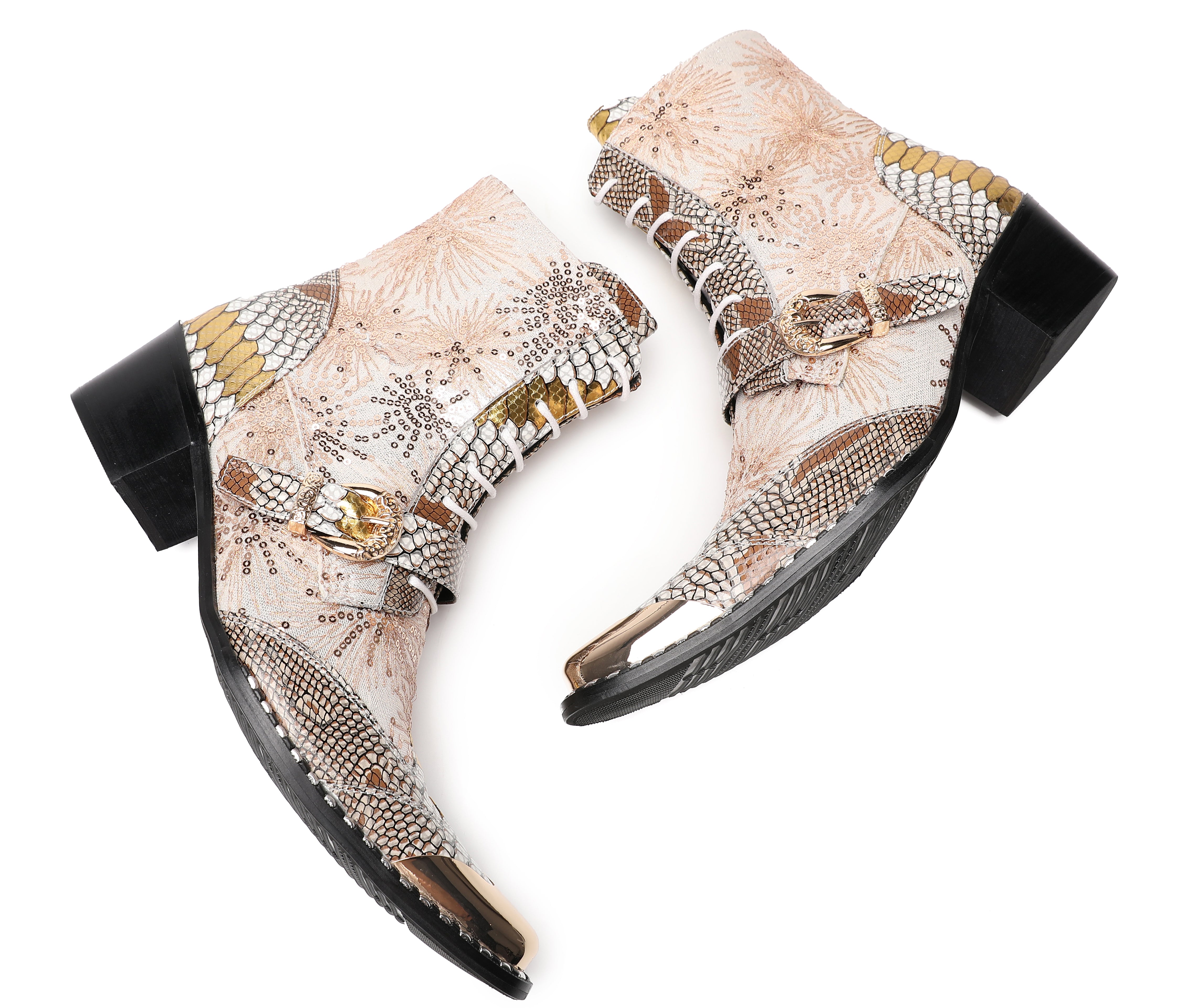 Men's Metal Toe Sequins Mid Top Buckle Western Boots