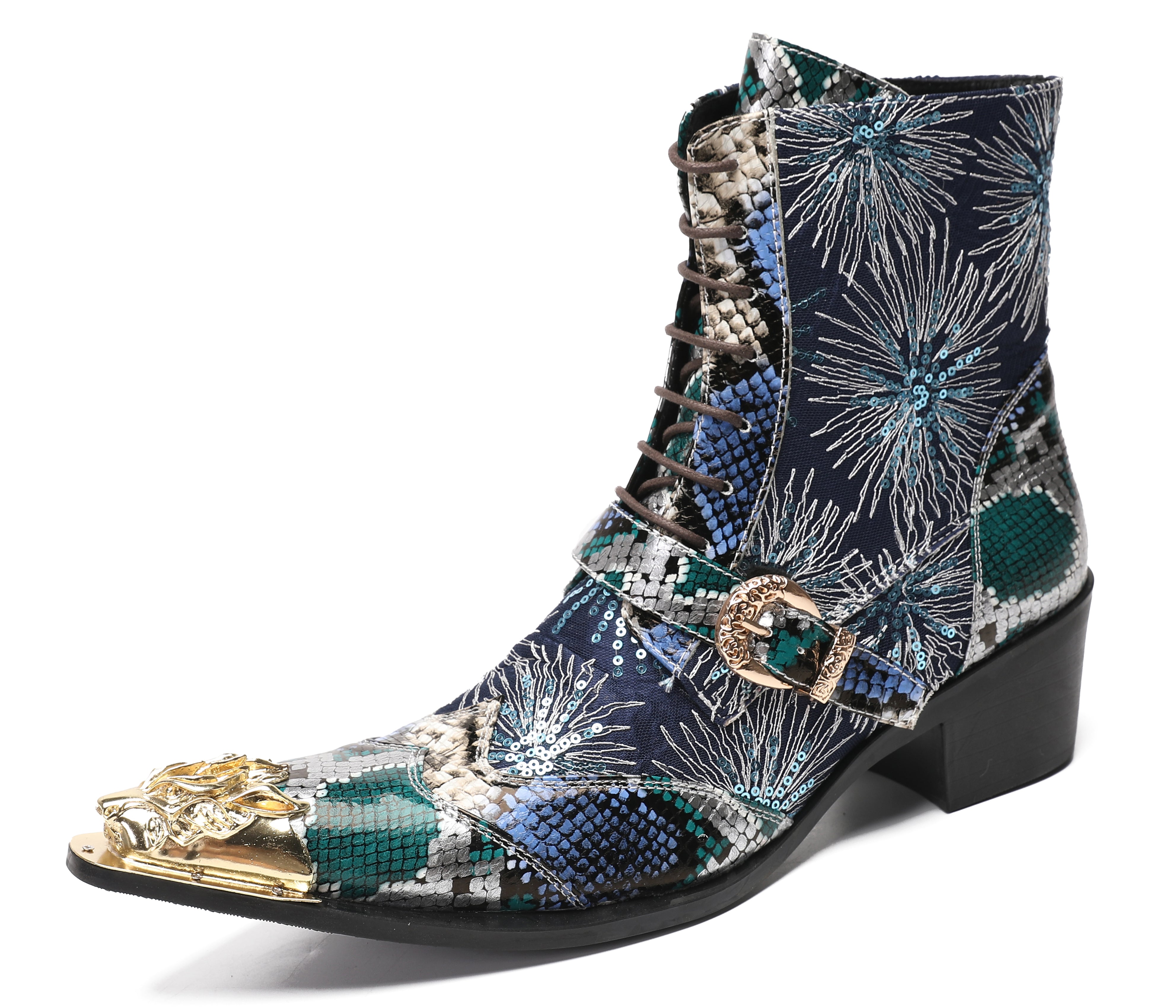 Men's Metal Toe Sequins Mid Top Buckle Western Boots