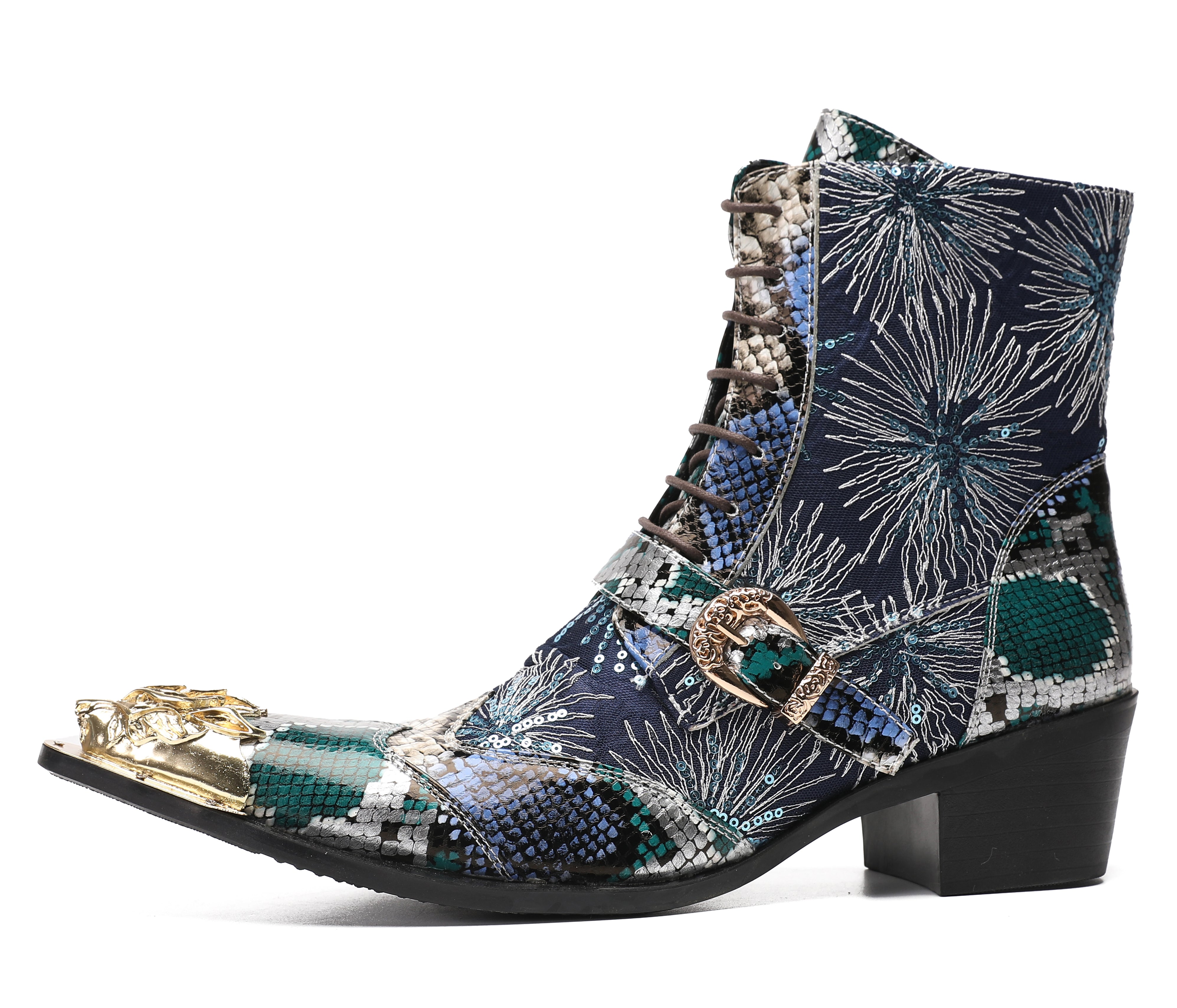 Men's Metal Toe Sequins Mid Top Buckle Western Boots