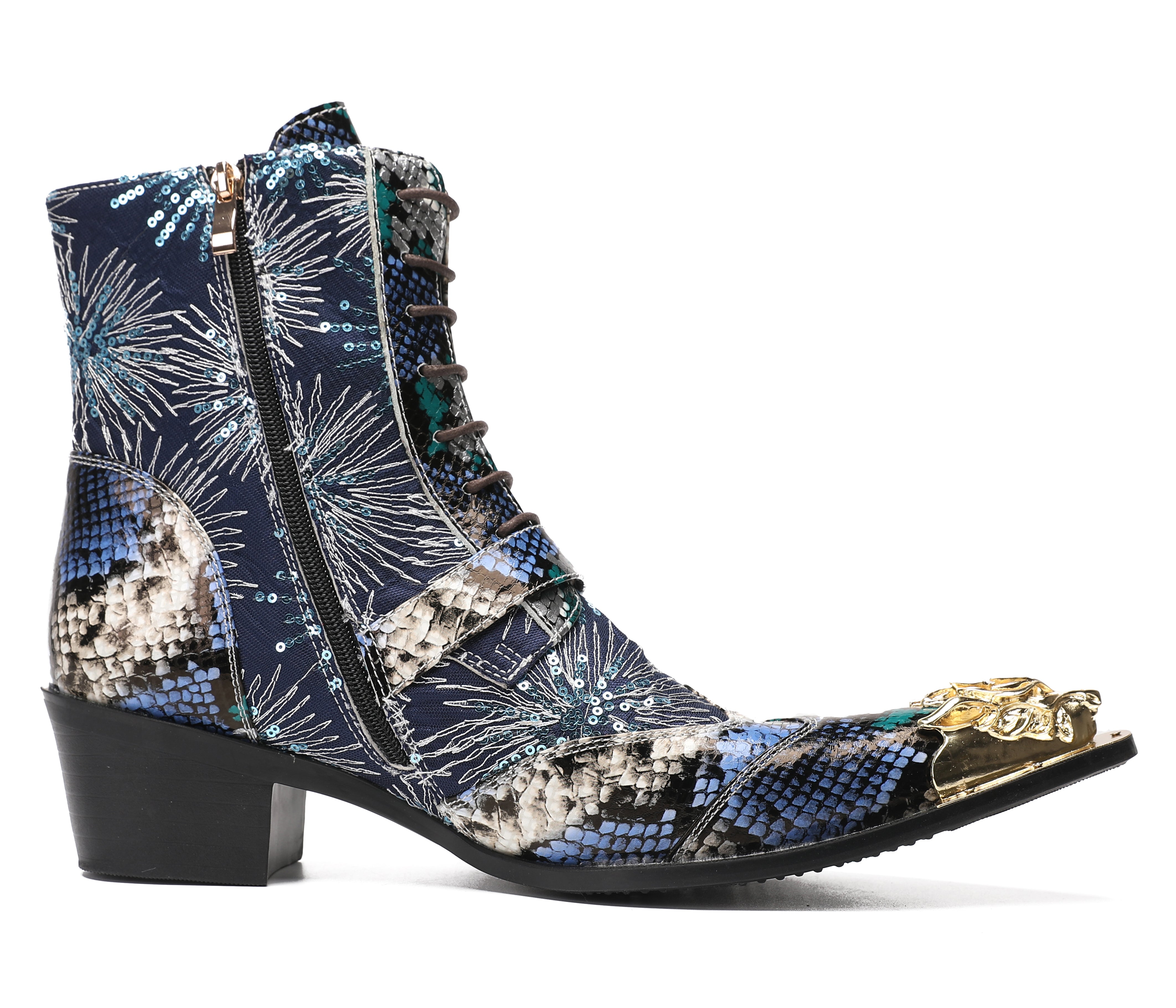 Men's Metal Toe Sequins Mid Top Buckle Western Boots