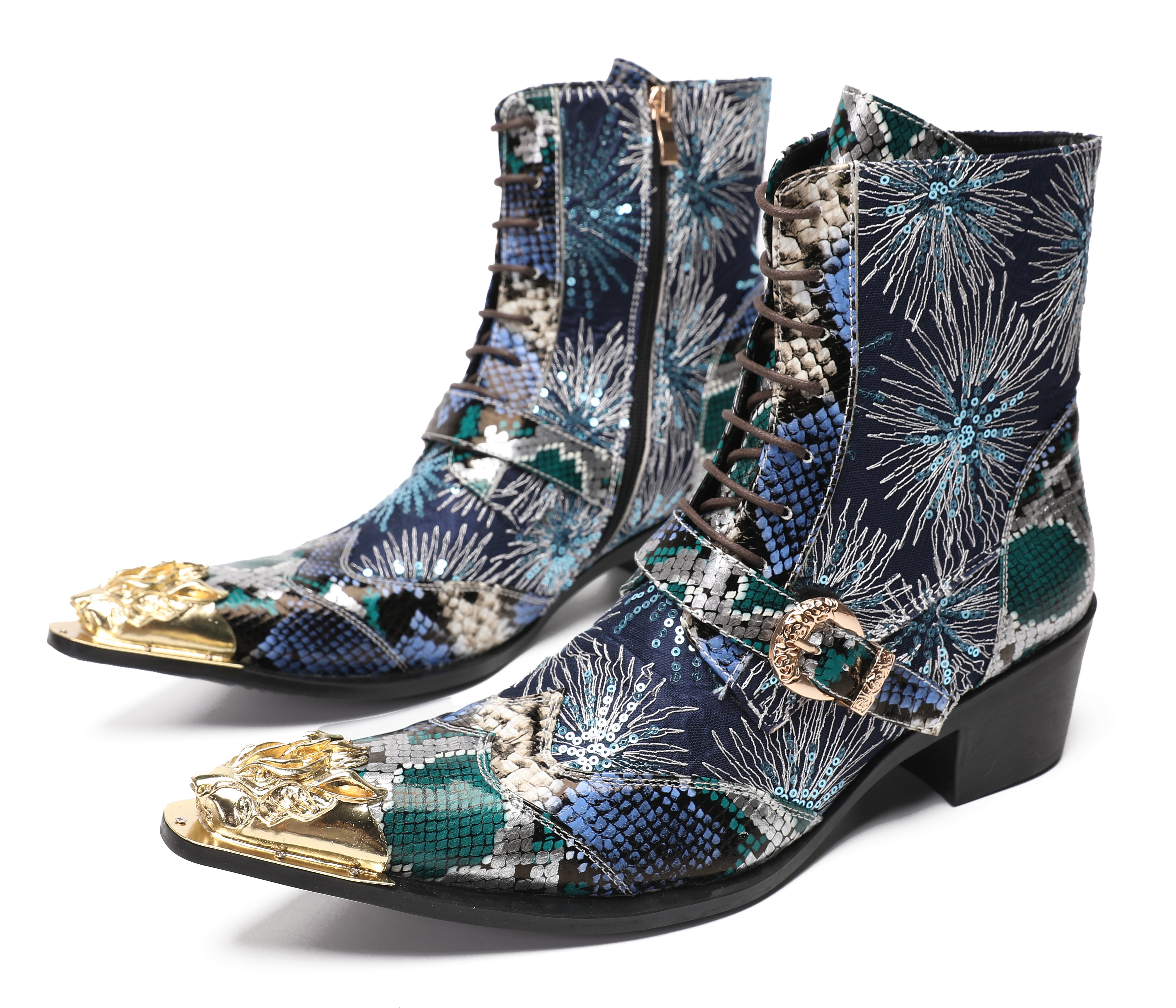 Men's Metal Toe Sequins Mid Top Buckle Western Boots