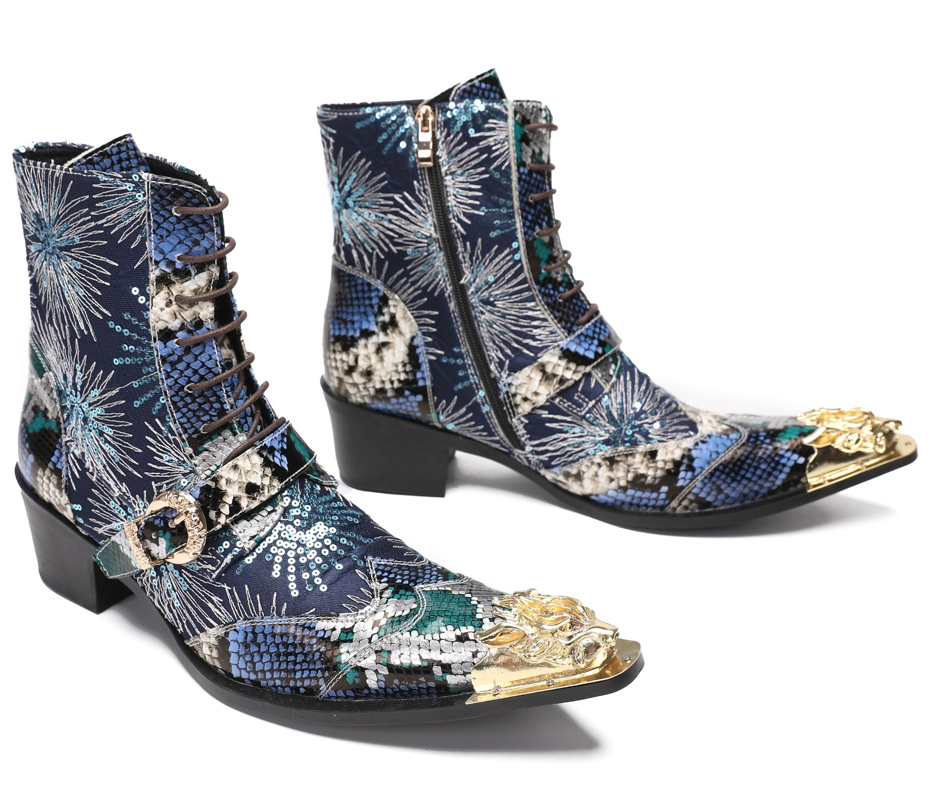 Men's Metal Toe Sequins Mid Top Buckle Western Boots