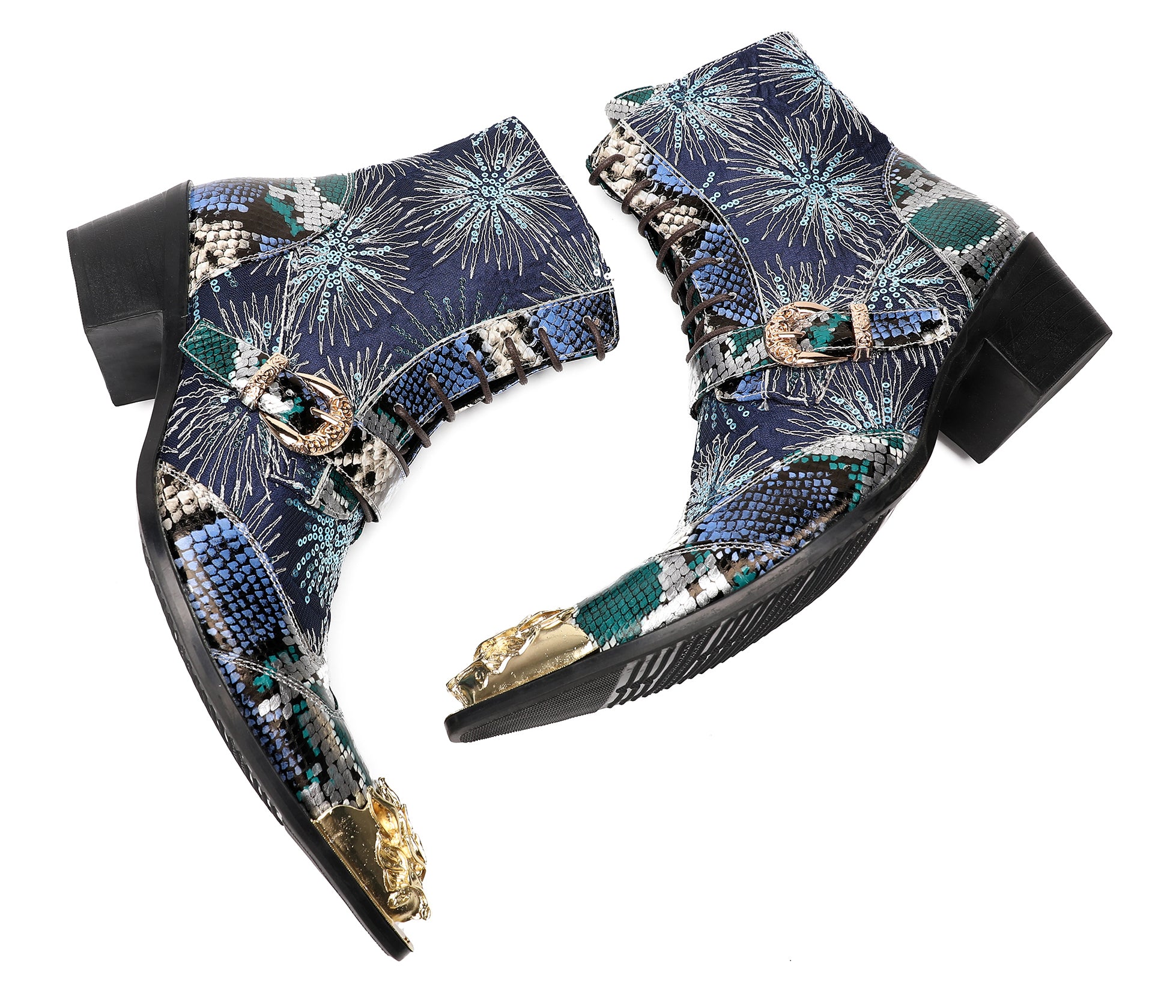 Men's Metal Toe Sequins Mid Top Buckle Western Boots