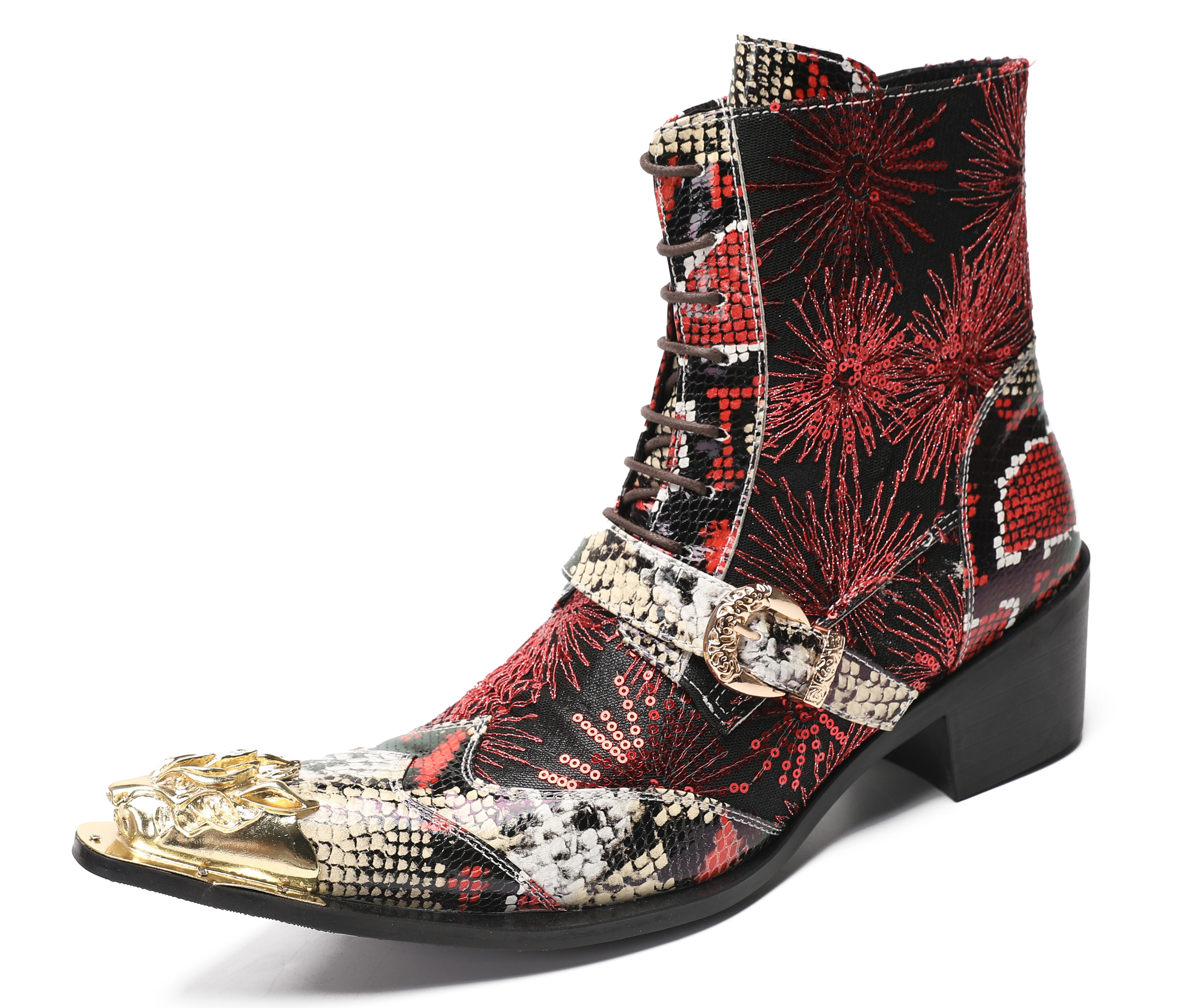 Men's Metal Toe Sequins Mid Top Buckle Western Boots