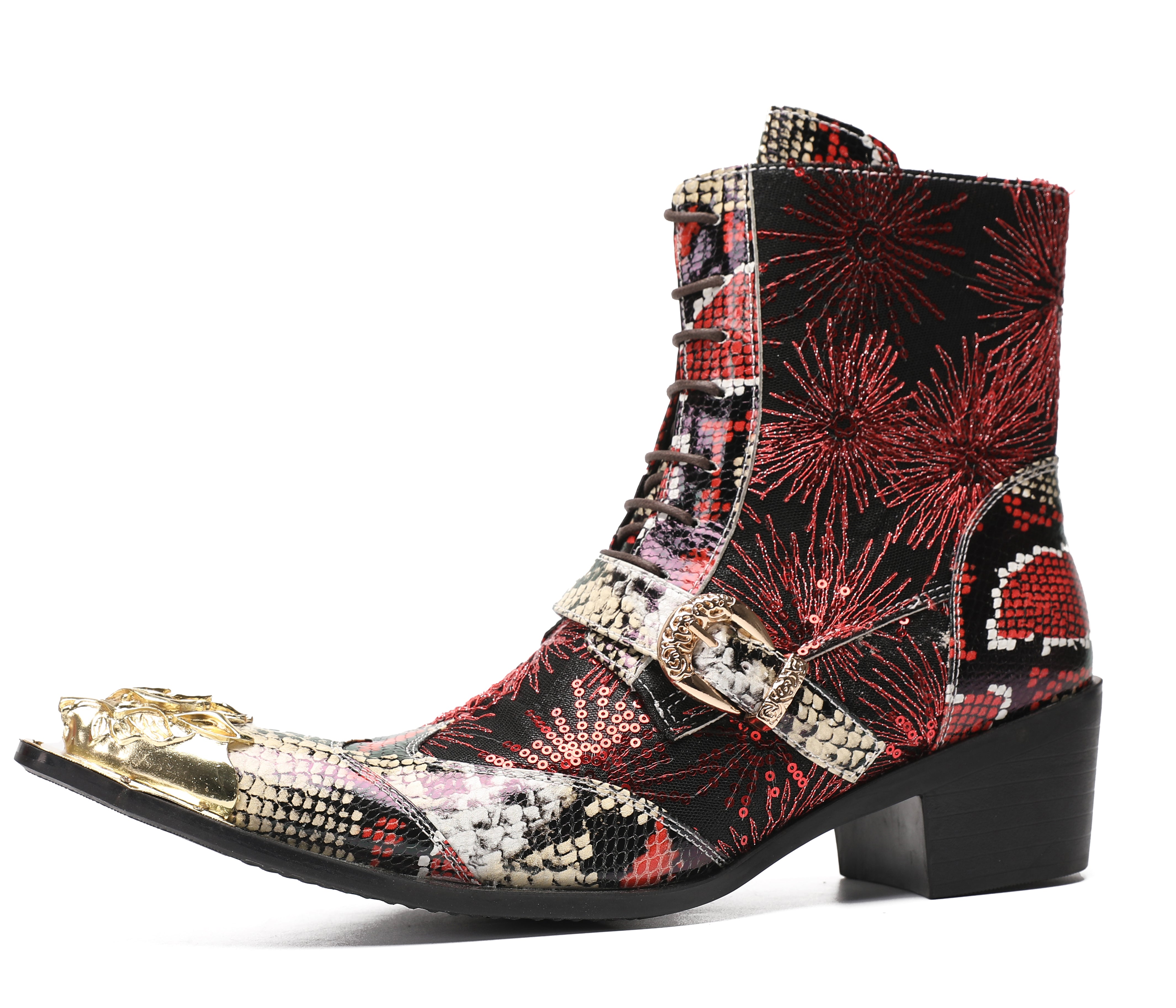 Men's Metal Toe Sequins Mid Top Buckle Western Boots