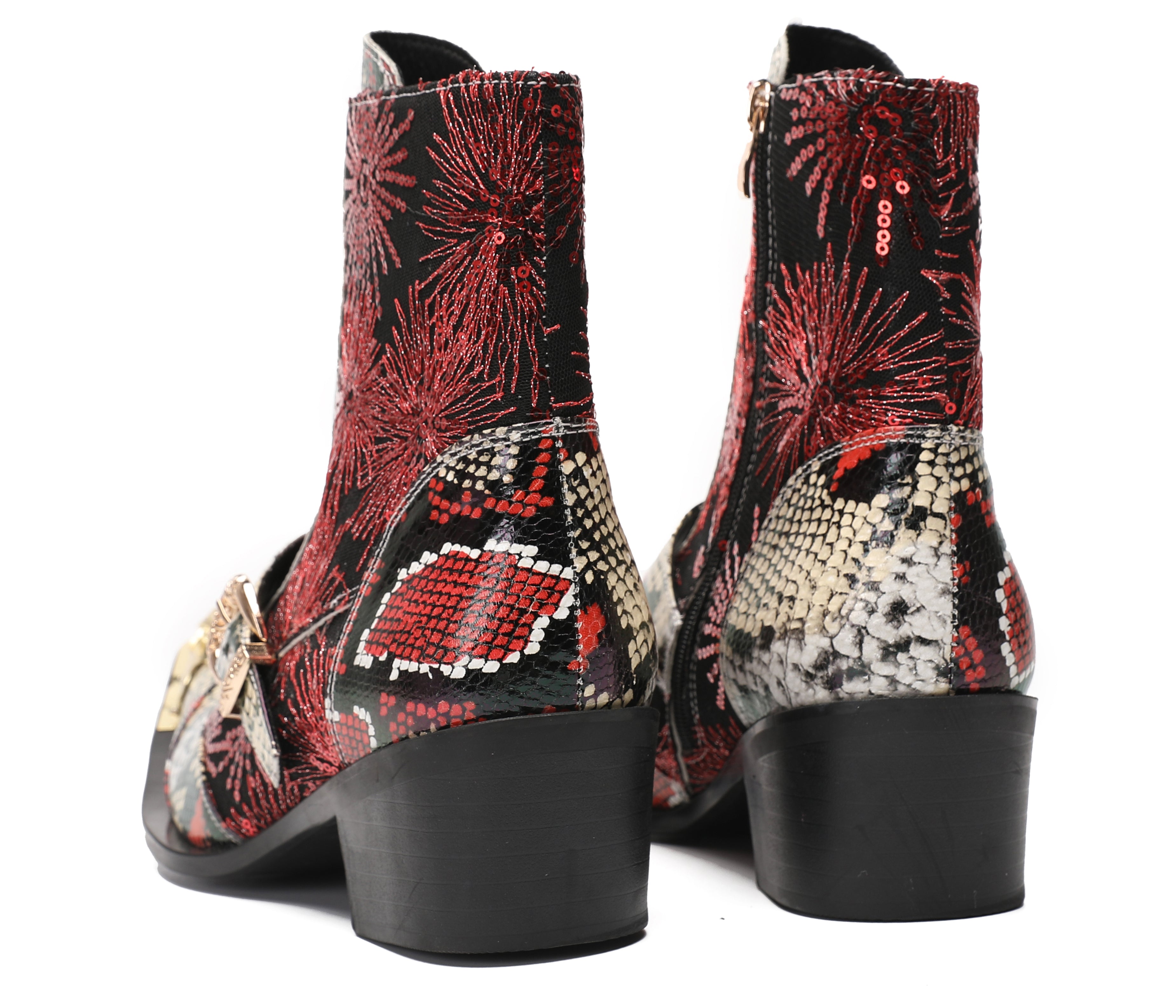 Men's Metal Toe Sequins Mid Top Buckle Western Boots