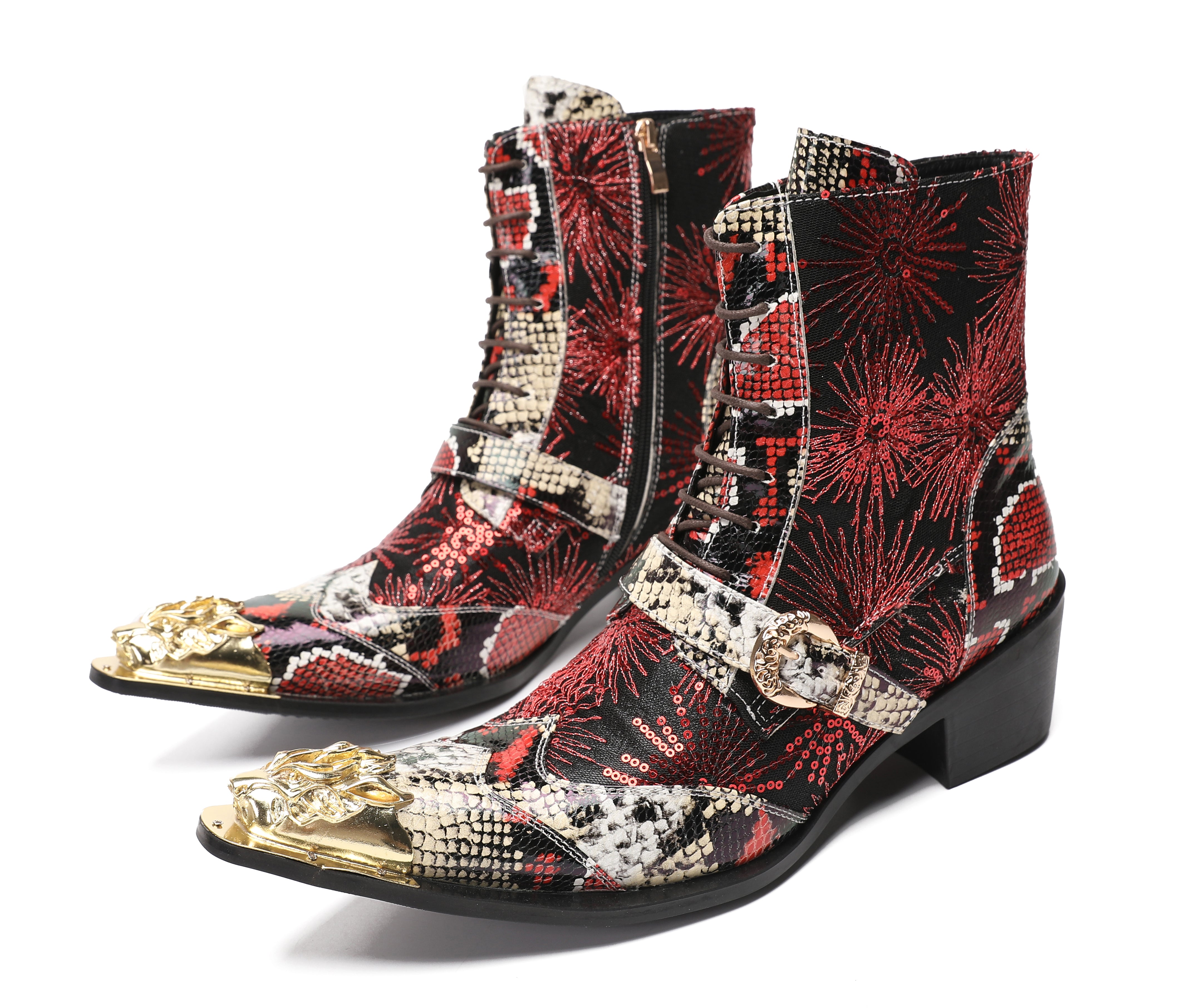 Men's Metal Toe Sequins Mid Top Buckle Western Boots
