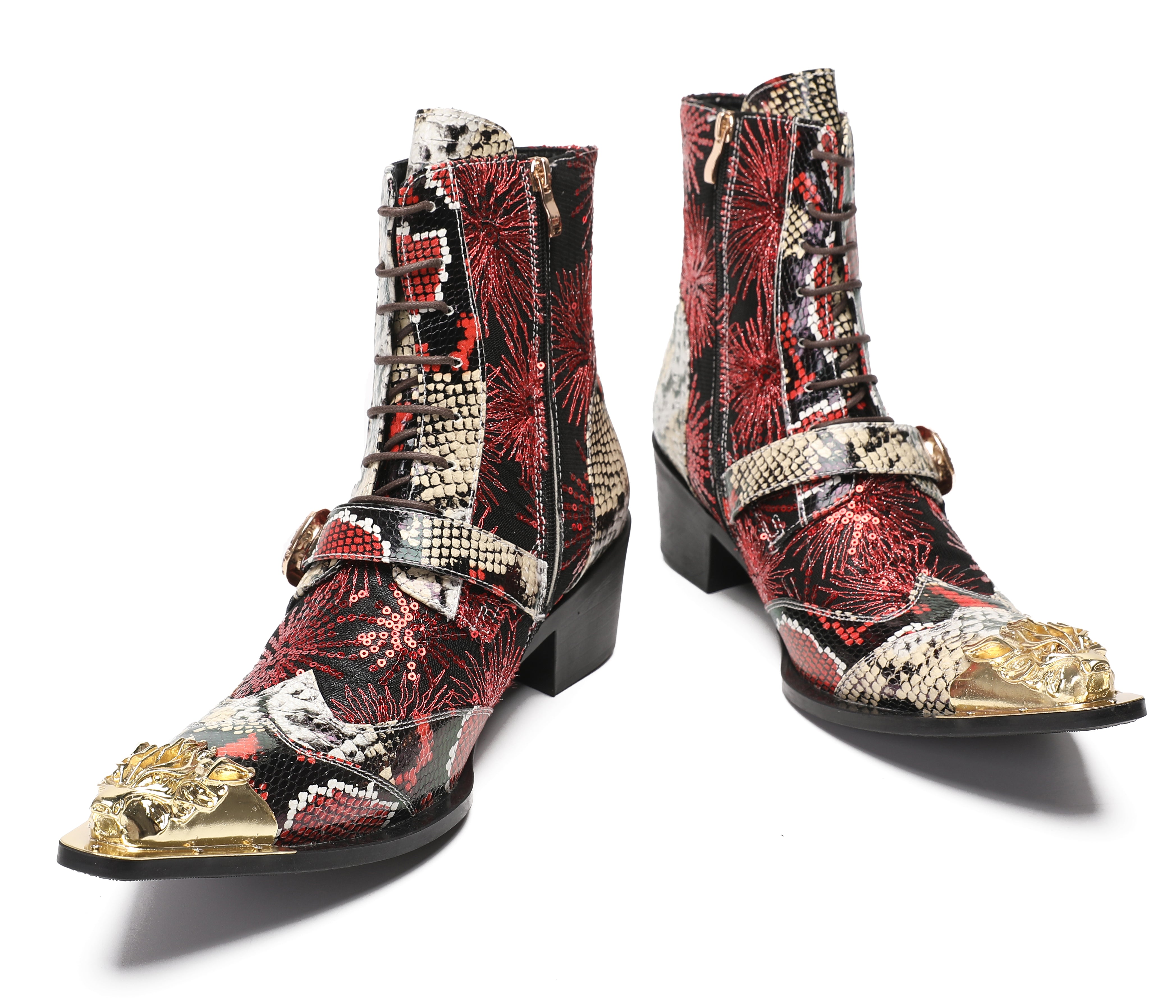 Men's Metal Toe Sequins Mid Top Buckle Western Boots