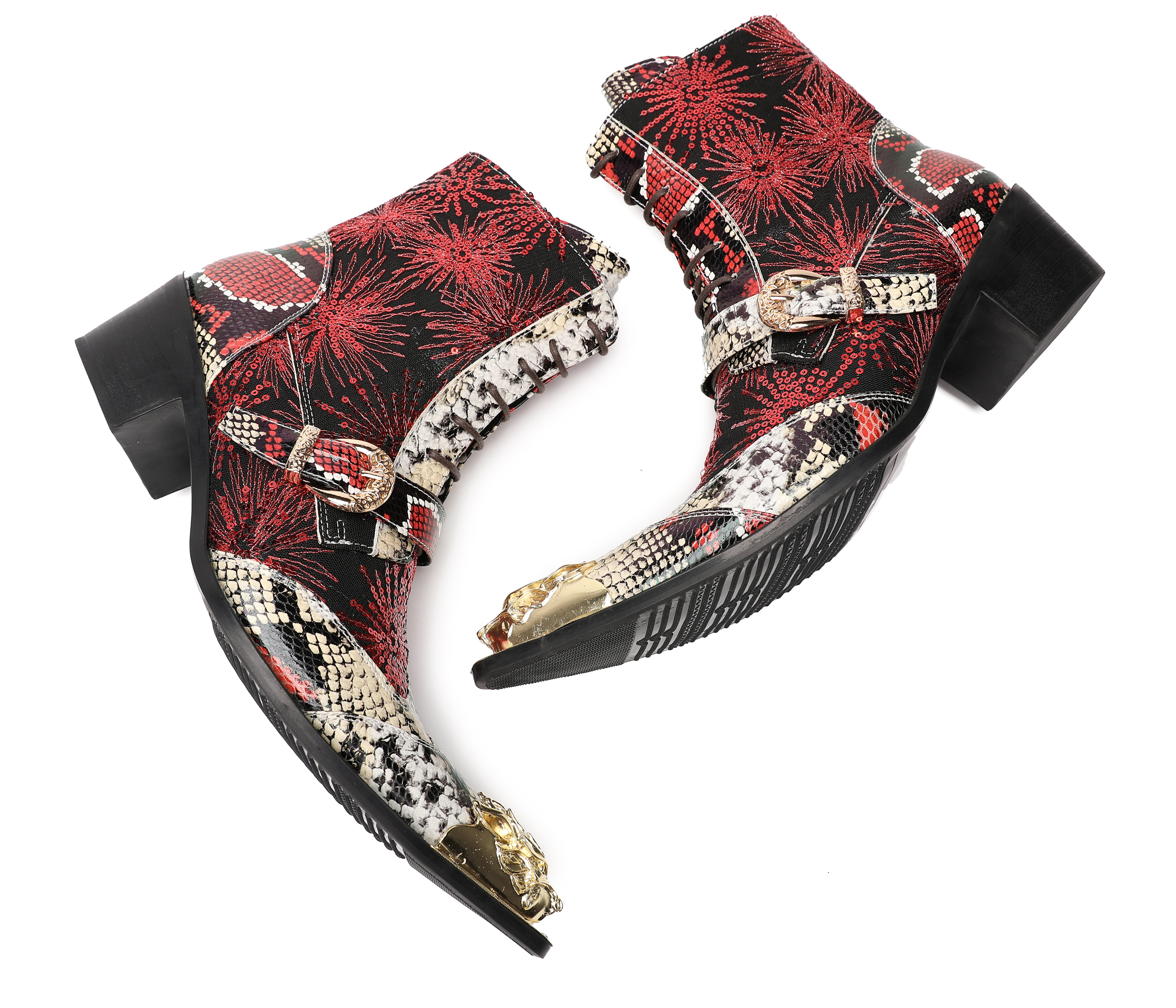Men's Metal Toe Sequins Mid Top Buckle Western Boots