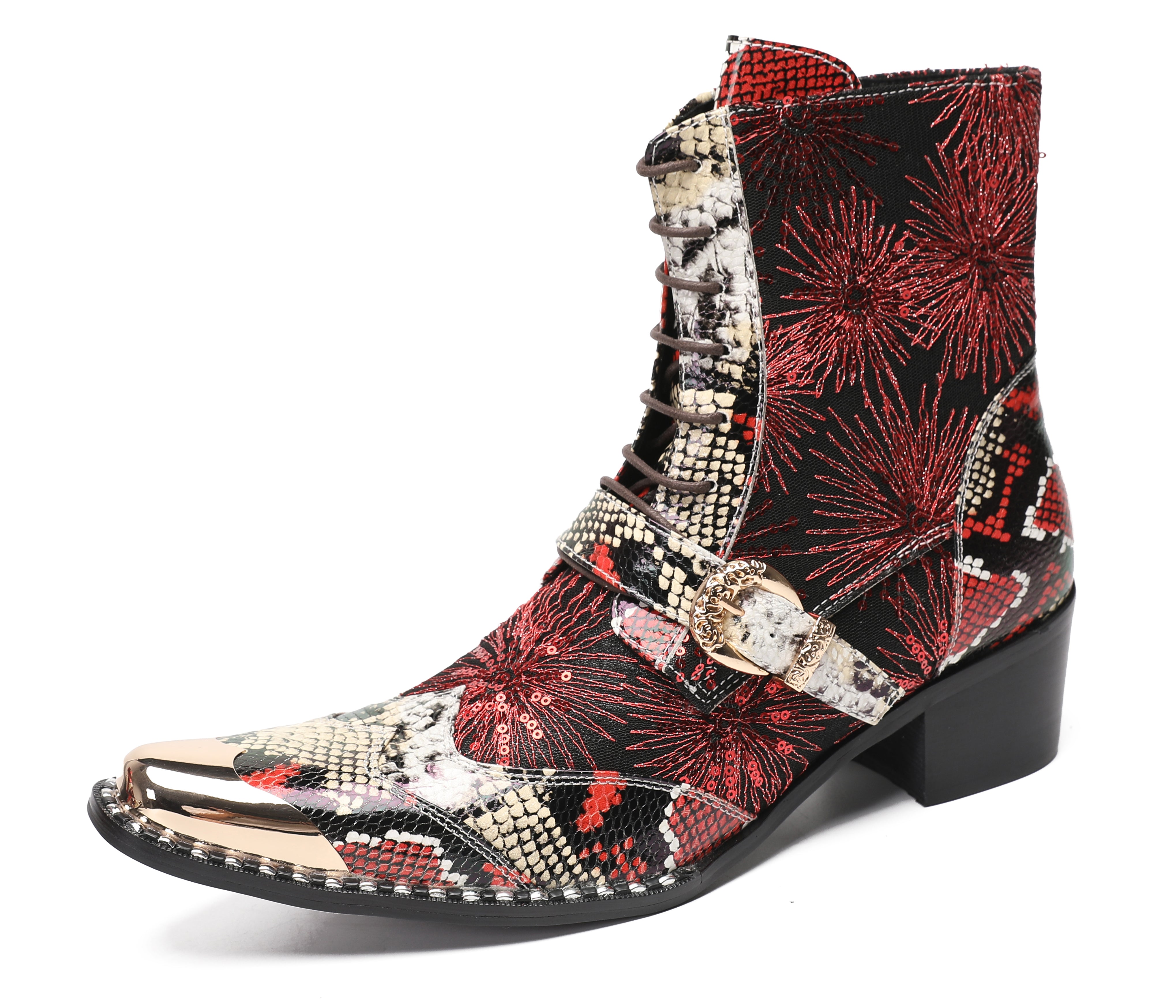 Men's Metal Toe Sequins Mid Top Buckle Western Boots