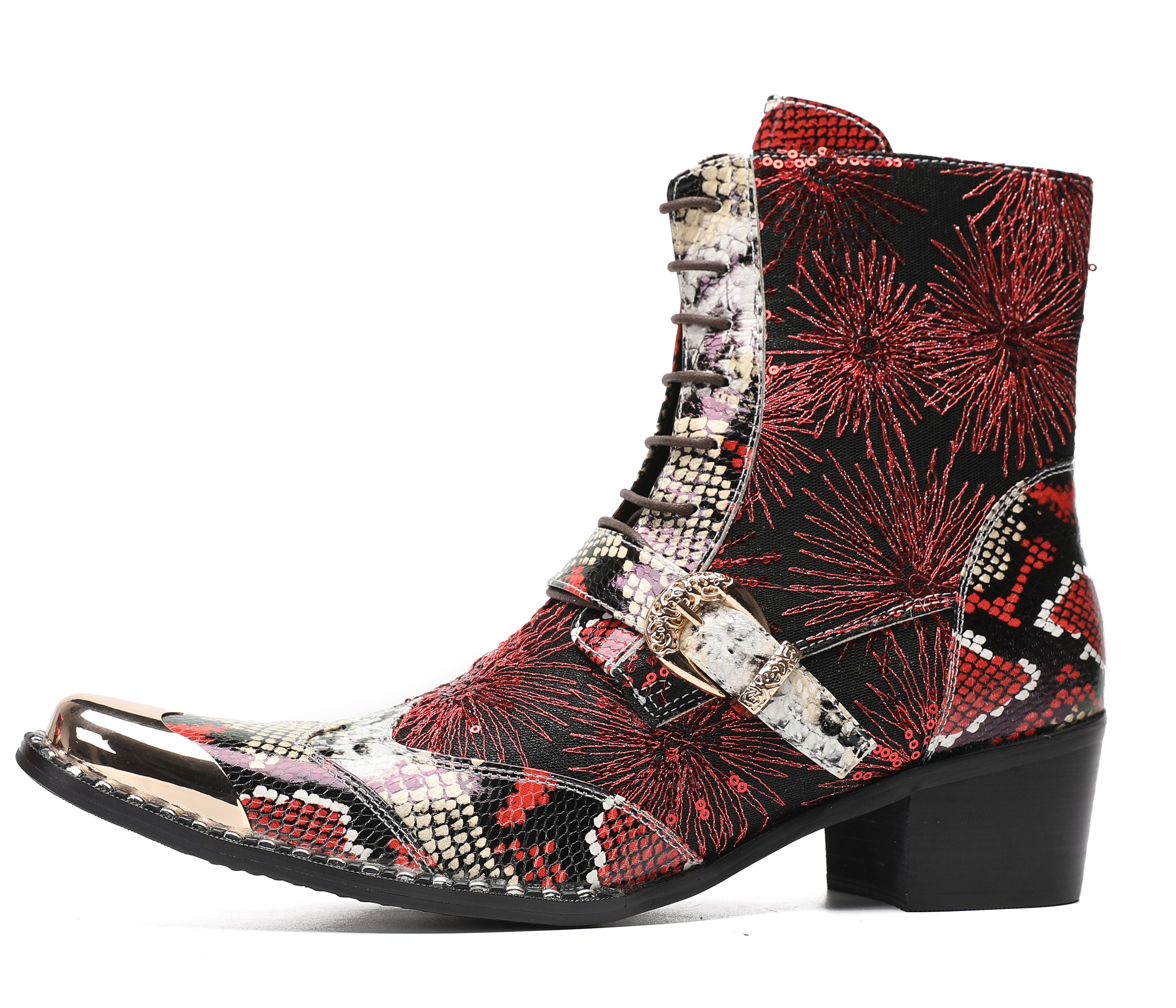 Men's Metal Toe Sequins Mid Top Buckle Western Boots