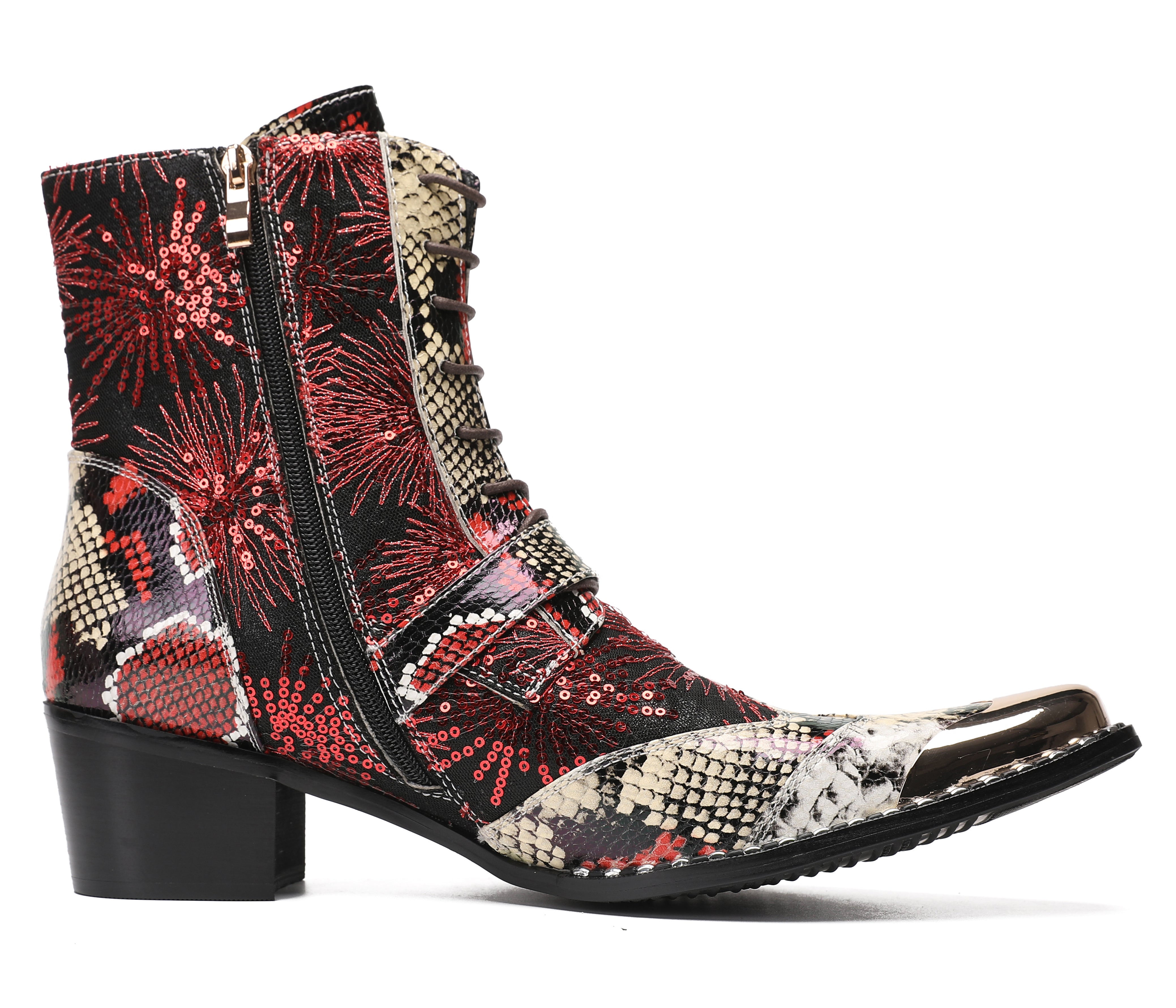 Men's Metal Toe Sequins Mid Top Buckle Western Boots