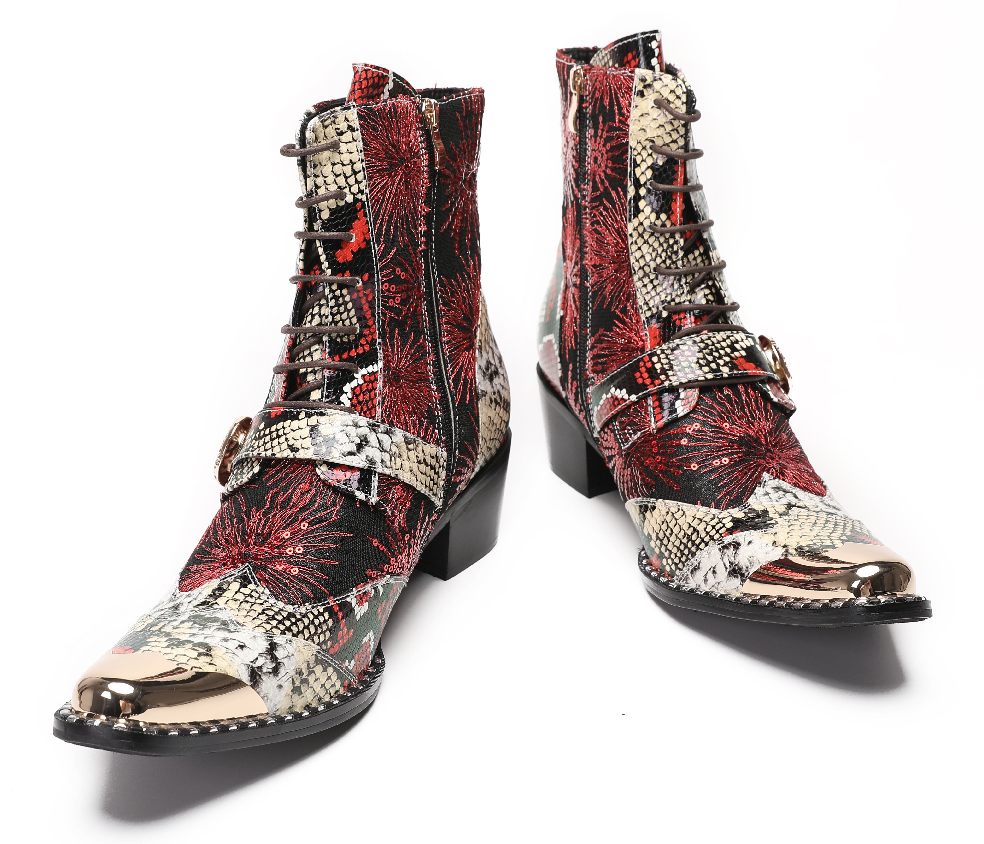 Men's Metal Toe Sequins Mid Top Buckle Western Boots