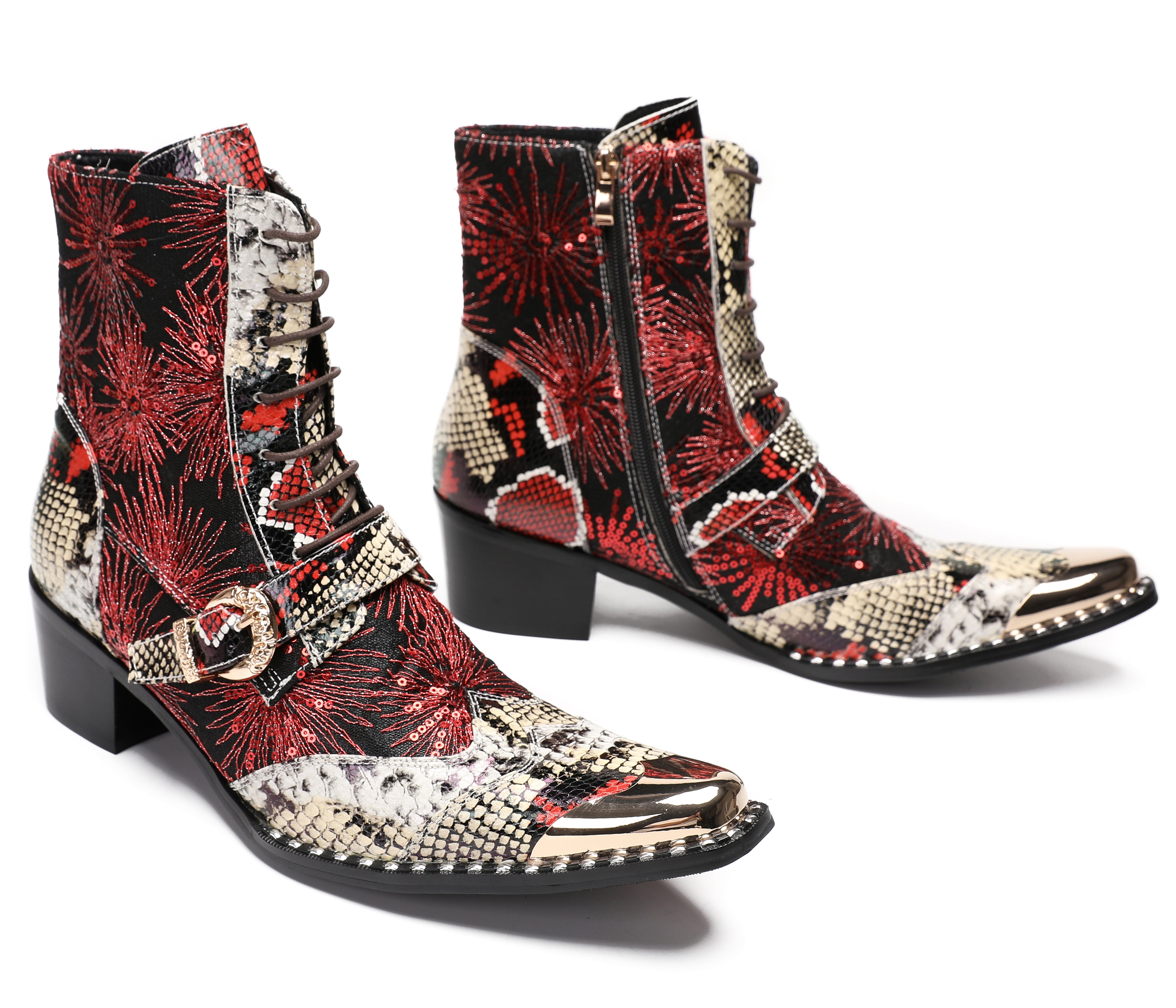 Men's Metal Toe Sequins Mid Top Buckle Western Boots