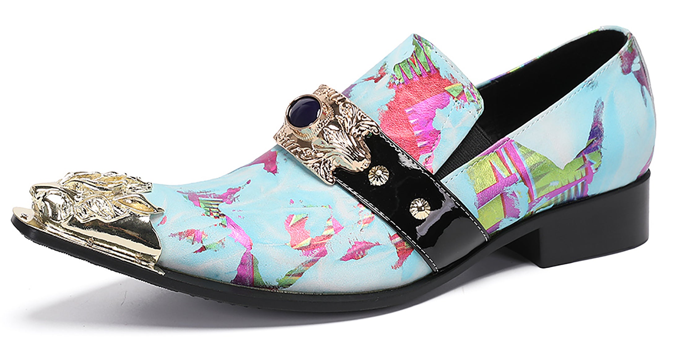 Mens Casual Metal-Tip Toe Gemstone Western Loafers