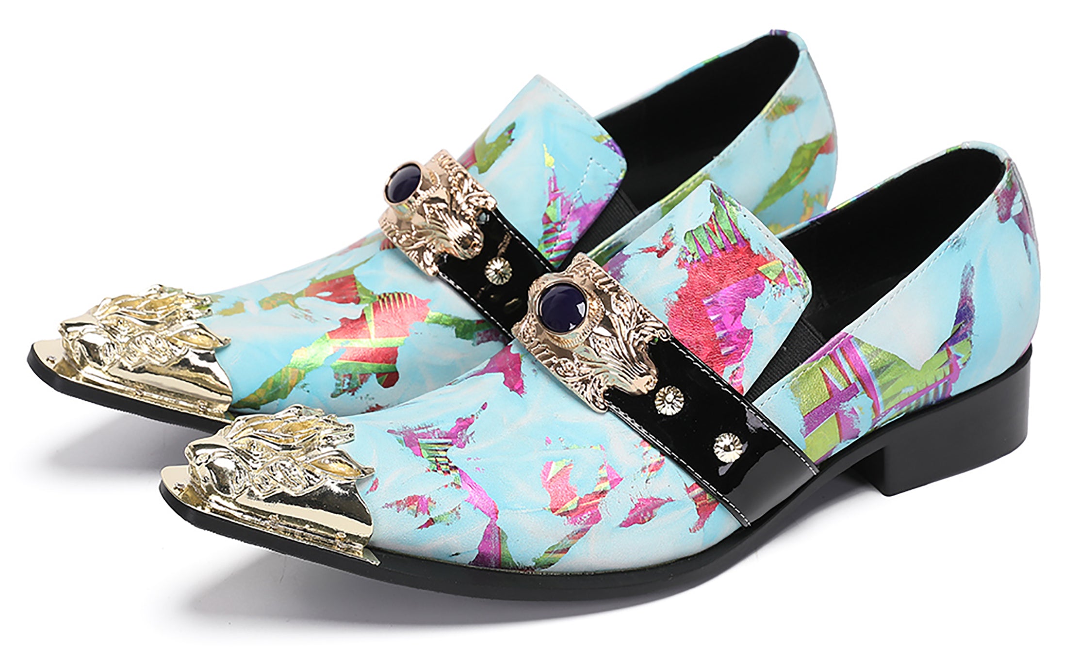 Mens Casual Metal-Tip Toe Gemstone Western Loafers