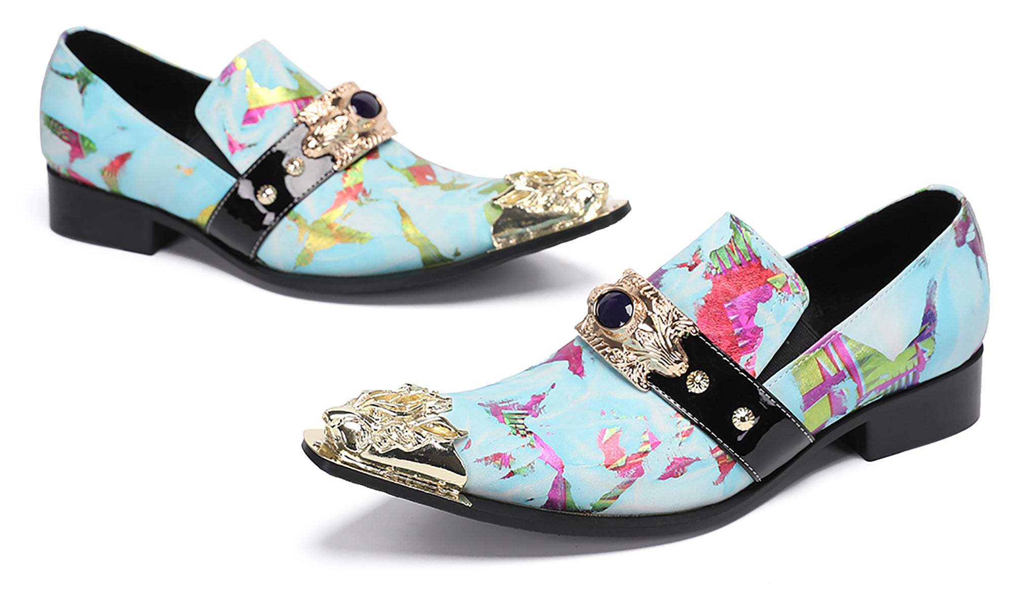Mens Casual Metal-Tip Toe Gemstone Western Loafers