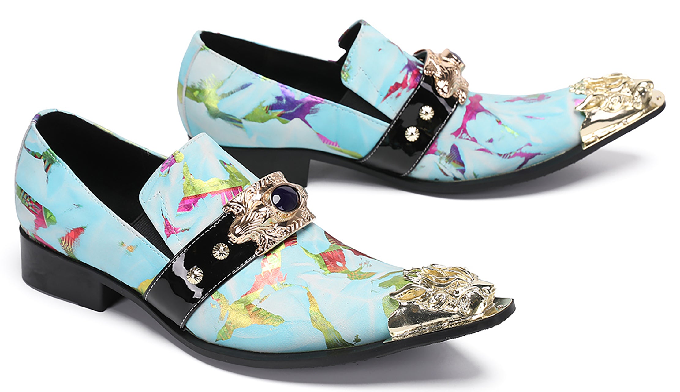 Mens Casual Metal-Tip Toe Gemstone Western Loafers