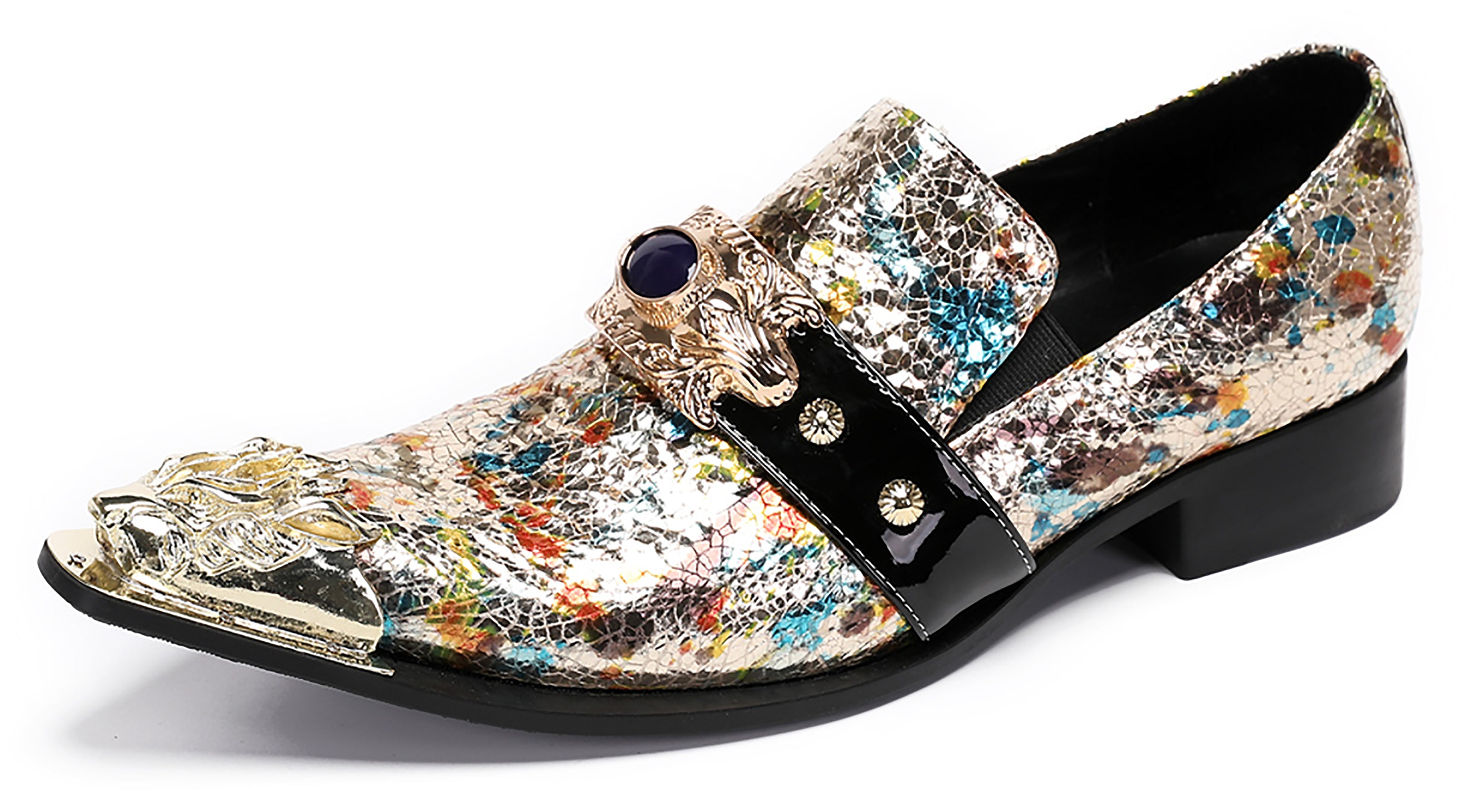 Mens Casual Metal-Tip Toe Gemstone Western Loafers