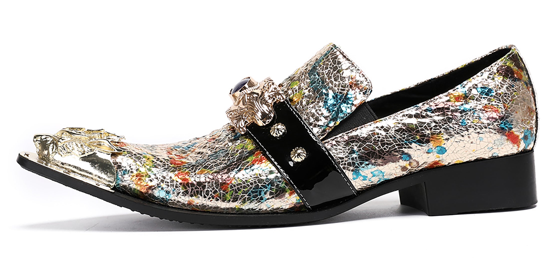 Mens Casual Metal-Tip Toe Gemstone Western Loafers