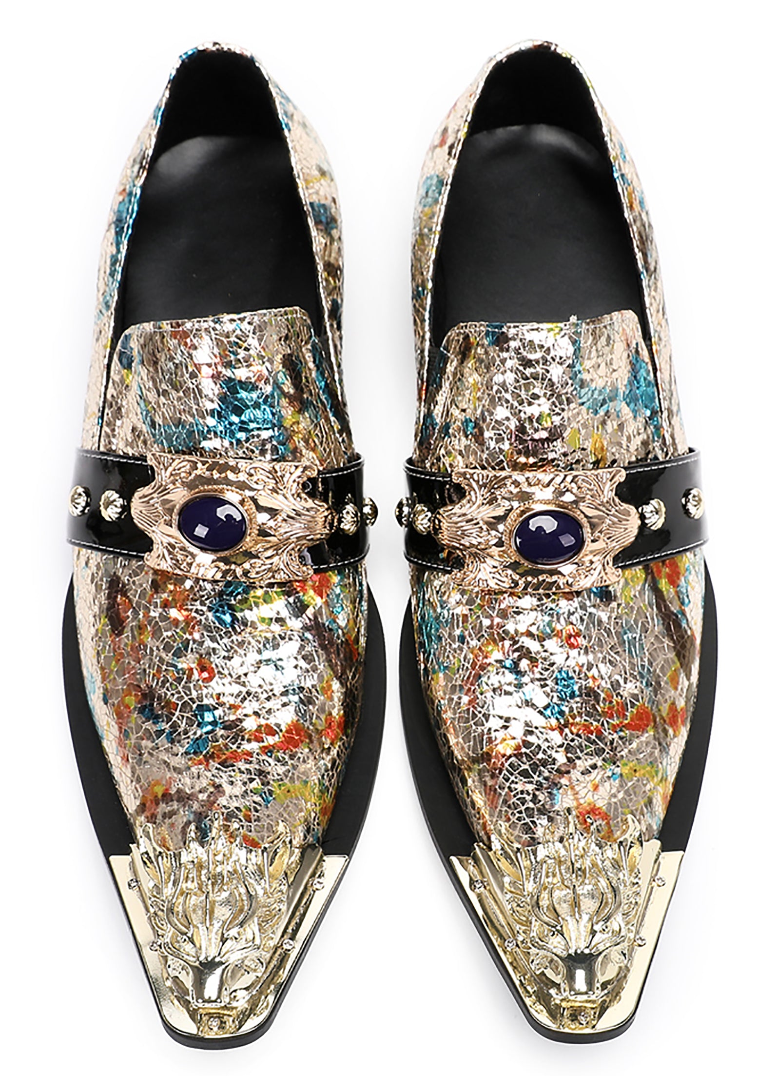 Mens Casual Metal-Tip Toe Gemstone Western Loafers